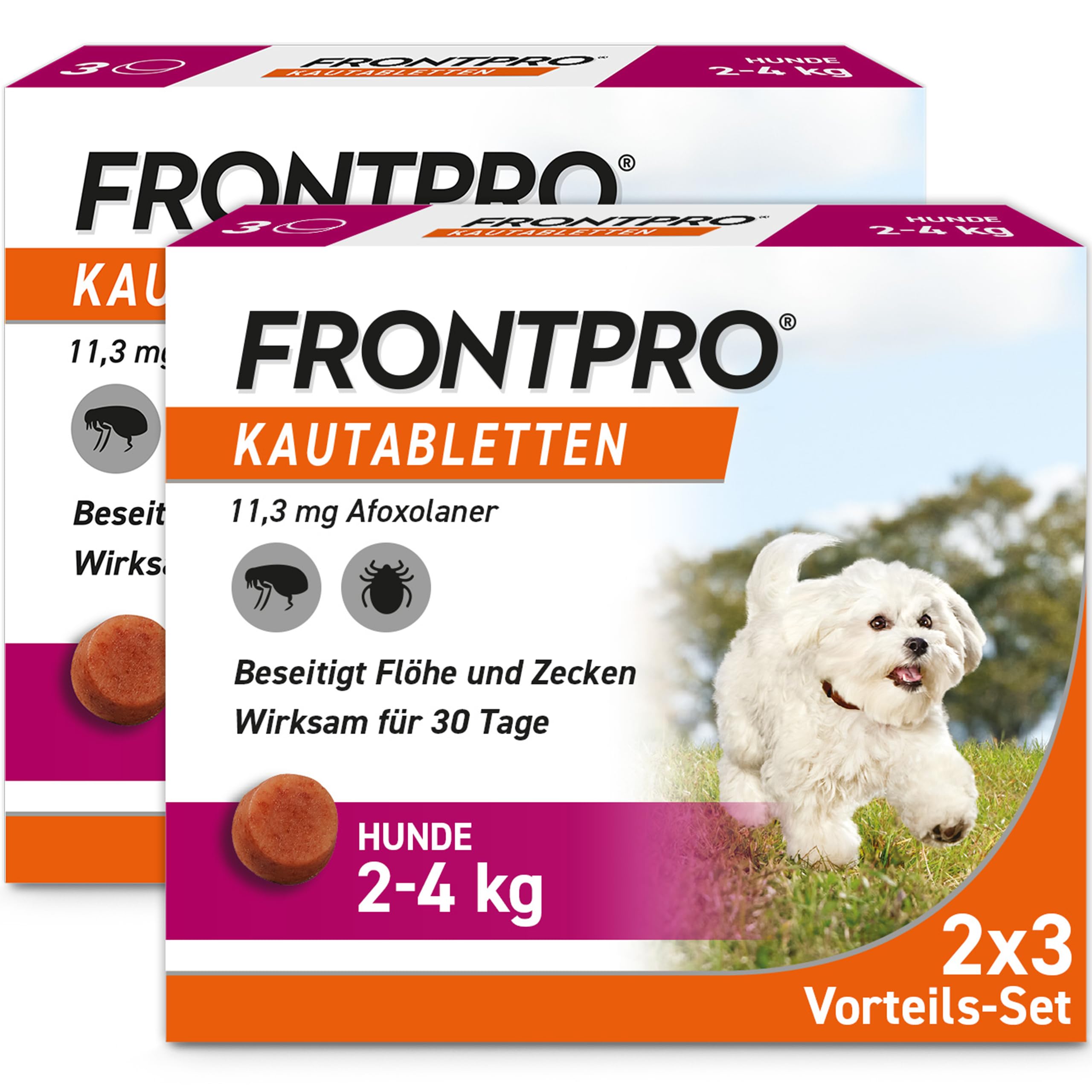 FRONTPRO Hund S - Kautablette gegen Zecken & Flöhe (Hunde 2 bis 4 kg) | 3x Kautabletten (2er Pack) für 6 Monate Schutz - schmeckt einfach mit oder ohne Futter - für kleine Hunde