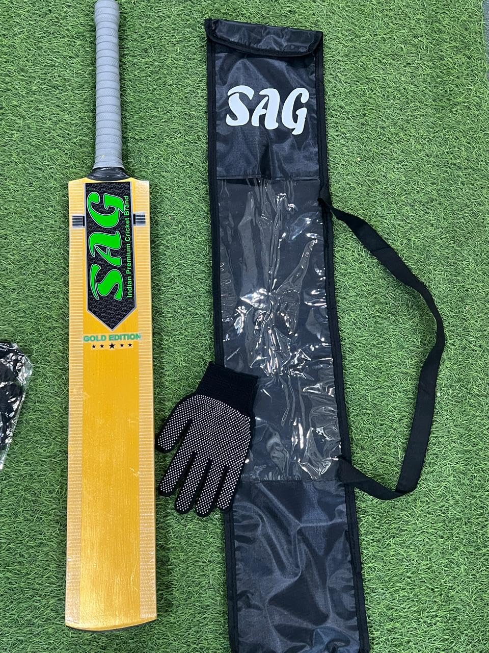 SAG Bahubali Kashmir Willow Wood Full Size Cricket Scoop Bat for Tennis Ball - Singapore Cane Handle (Single Blade) with Bat Cover and Gloves.-image-29