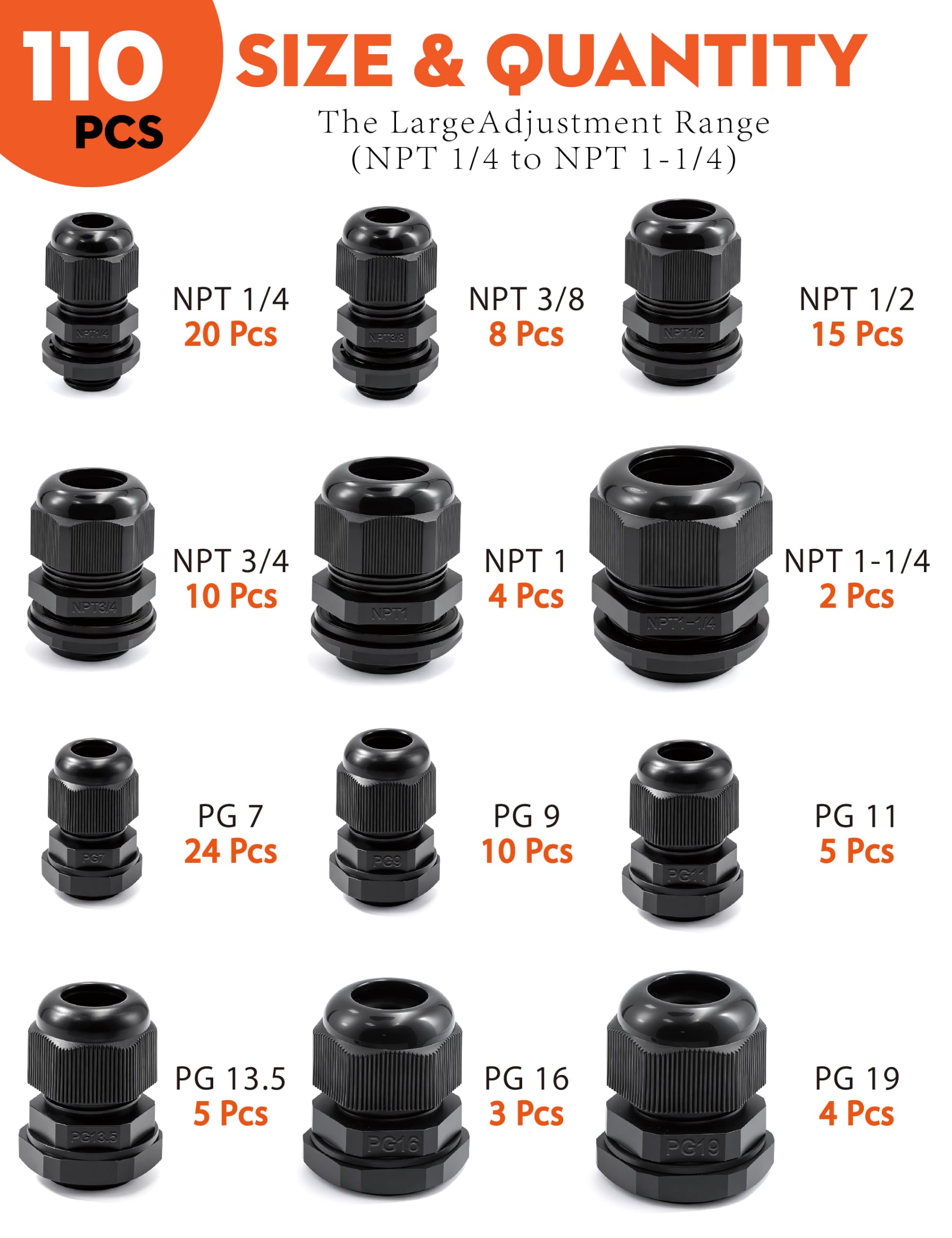 110PCS IP68 impermeabilizzano il corredo della ghiandola del cavo | Set di adattatori in nylon nero PA6 PG7-19 e NPT da 1/4 a NPT 1-1/4 con nastro in teflon per connessione di cavi impermeabili