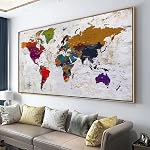 Framed Wall Art World Map Wall Art Canvas Picture 50cmx100cm Large Grey Map of The World Canvas Painting Artwork Prints for Office Wall Decor Home Living Room Decorations Framed Ready to Hang