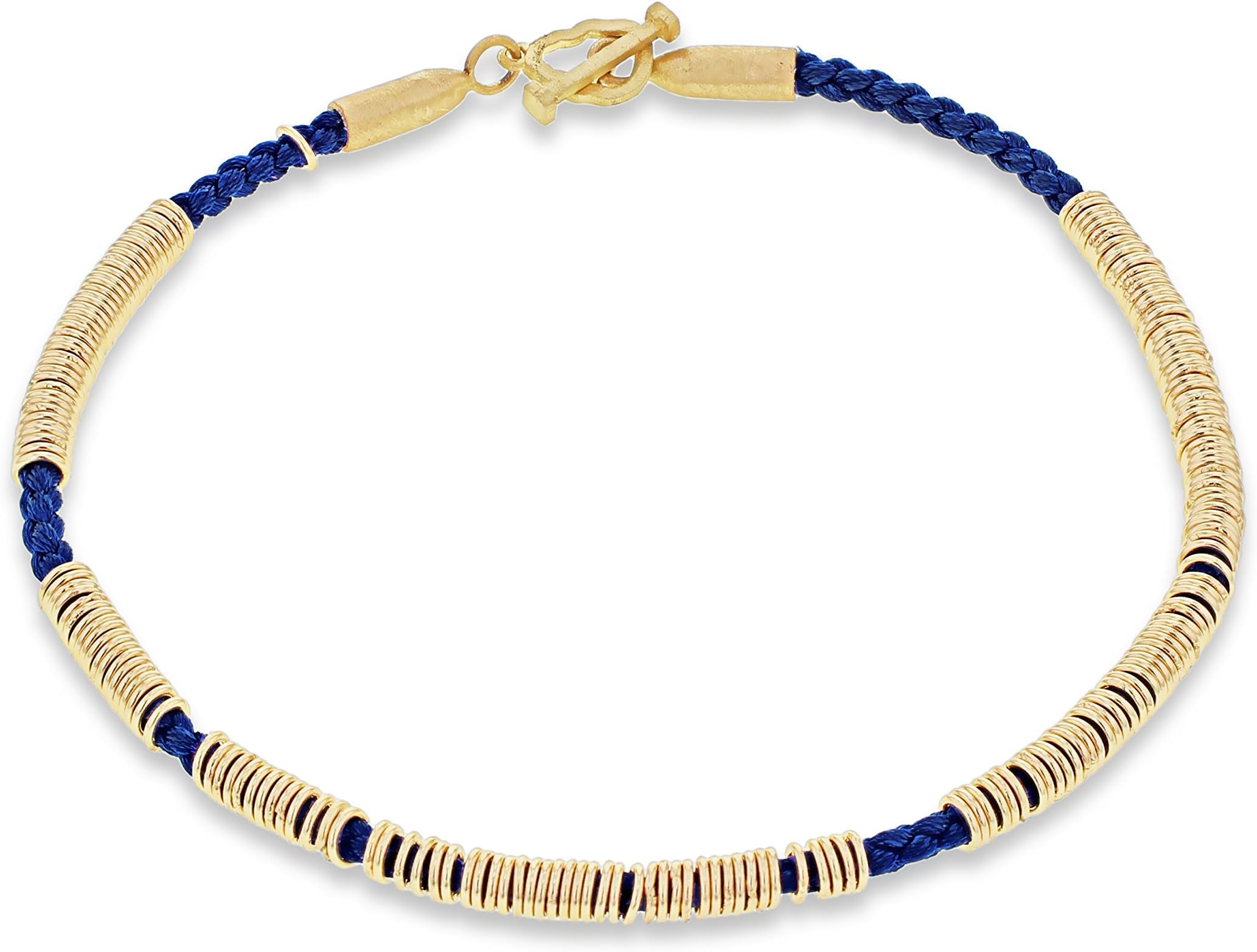 LUIS MORAIS Men's 14ct Yellow Gold Bullet and Skull Outline Clasp Uber Blue Cord Bracelet of Length 19.05-28.8cm