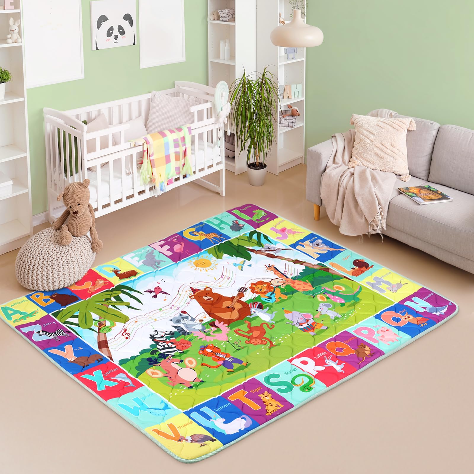 Decalsweet Alfombra Bebe 150×180 cm Plegable, Espesar 2cm Alfombra Juegos Bebes Antideslizante, Tapete de Actividades Bebe Alfombras de Gateo Apto para Interior/Exterior/Valla (Conciertos de animales)