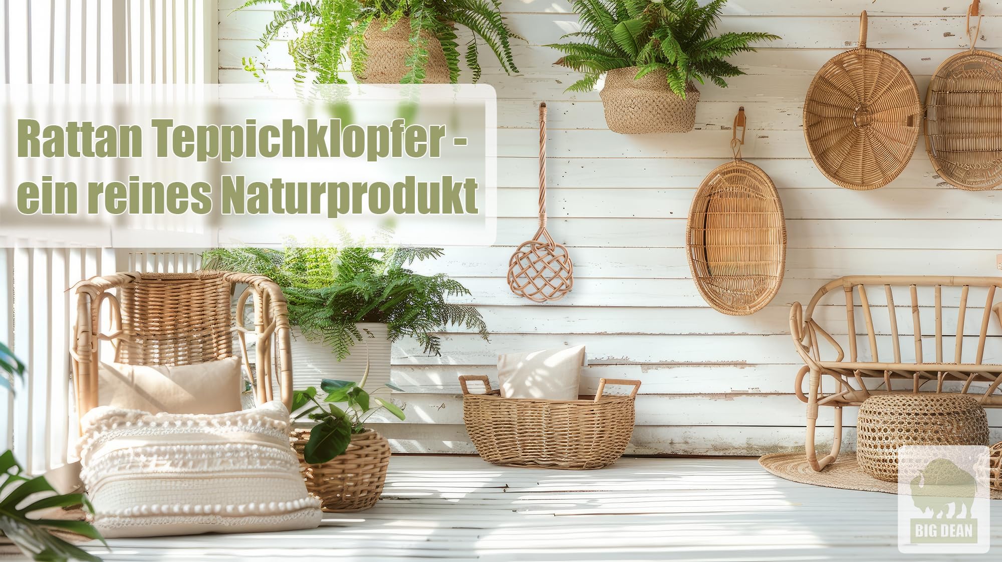BigDean 2 Stück Teppichklopfer handgefertigt aus Rattan – stabil & robust