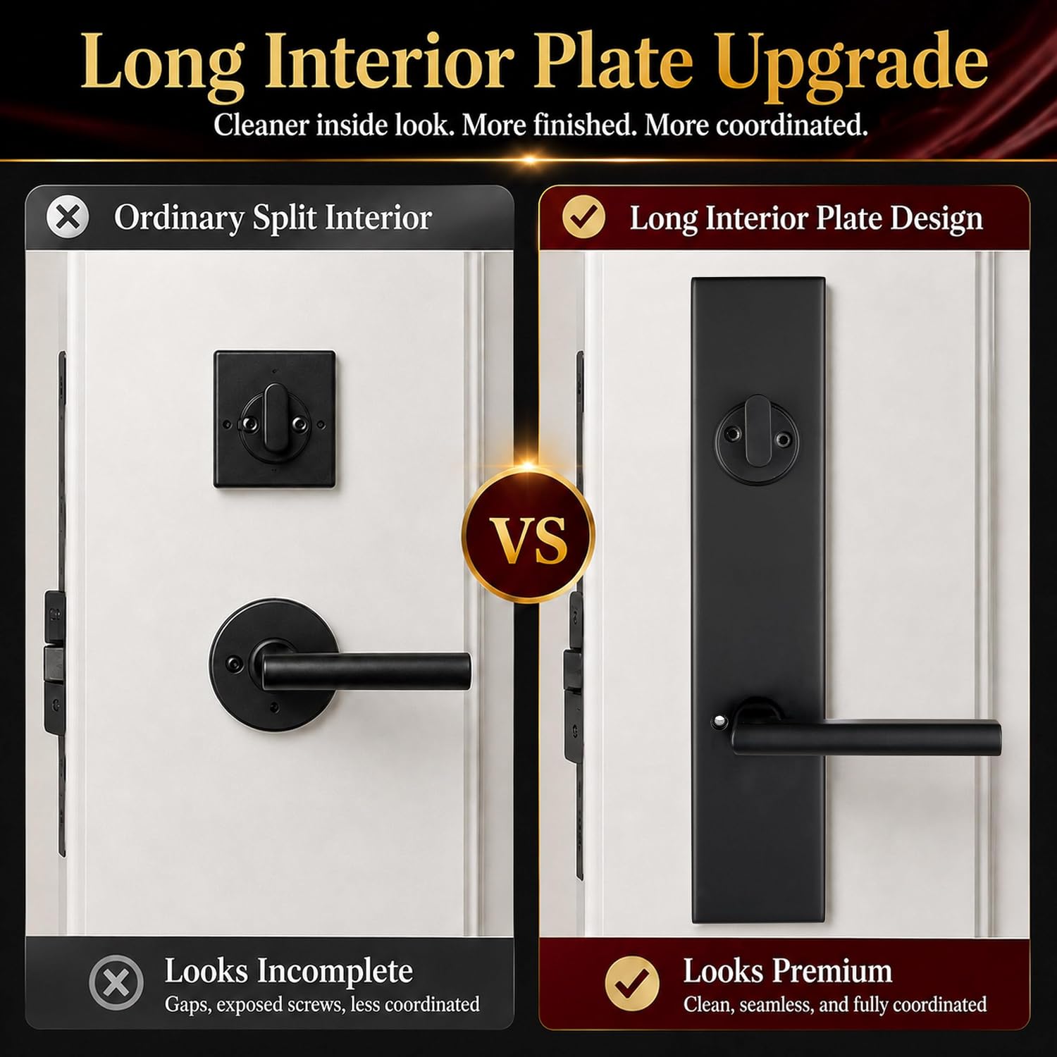 NEWBANG Matte Black Front Door Handle with Deadbolt, Long Interior Plate | Set of an active and an inactive dummy handle ,Fit 2IN Door max , 17 1/2 in plate, adjustable hole space back set