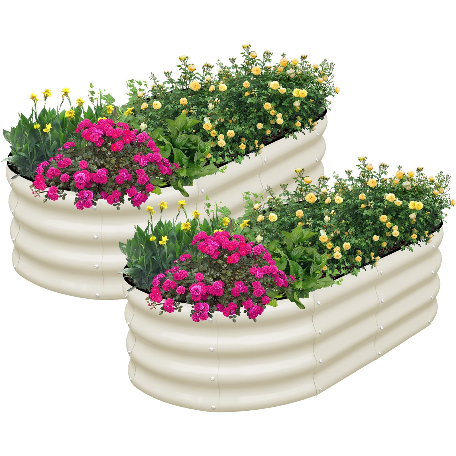 SnugNiture Galvanized Raised Garden Bed Outdoor, 2 Pcs 4x2x1ft Oval Metal Planter Box for Planting Plants Vegetables, White