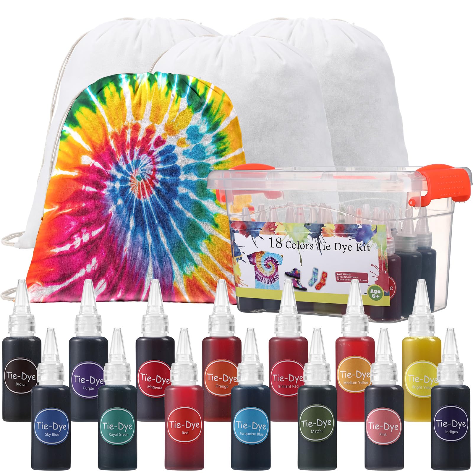Vincreem 18 Colors Tie Dye Kit, with 12 Pcs Blank Tie Dye Drawstring Bags Fabric Dye for Women, Men, with Rubber Bands, Gloves, Plastic Film and Table