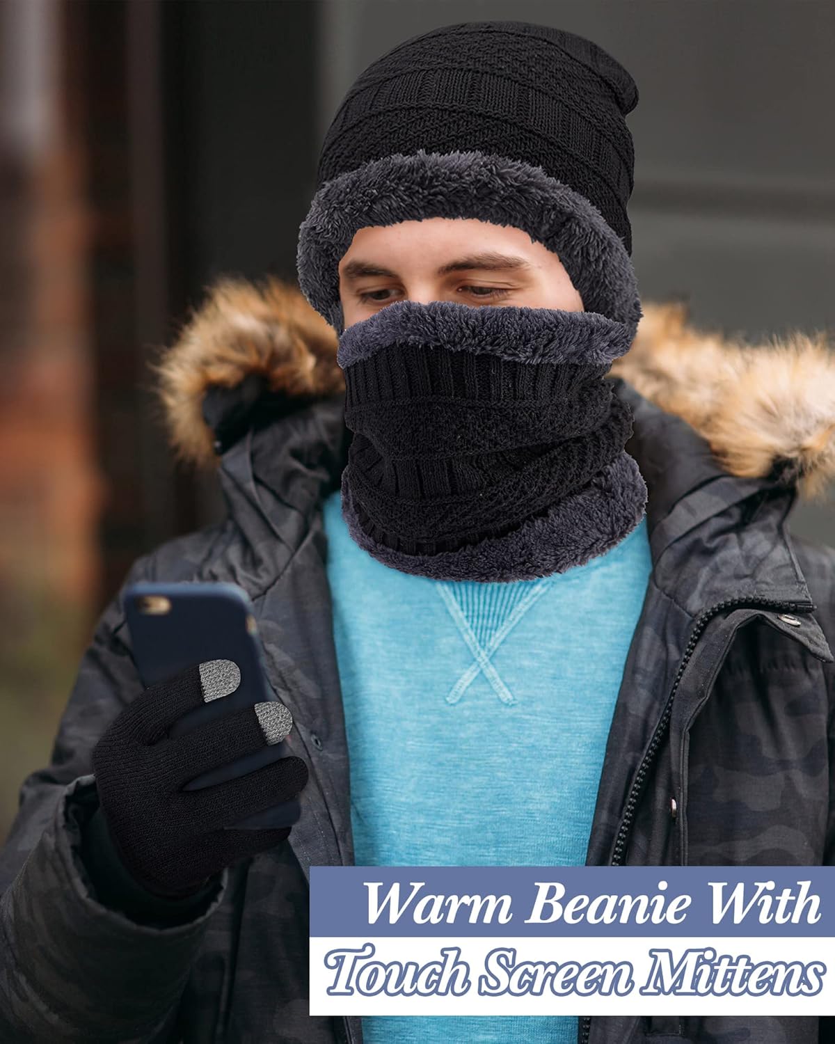 Handepo 6 Pcs Winter Hat Glove Scarf Set Men Women Beanie Fleece Scarf Touchscreen Gloves Knit Cap Mitten - Image 7