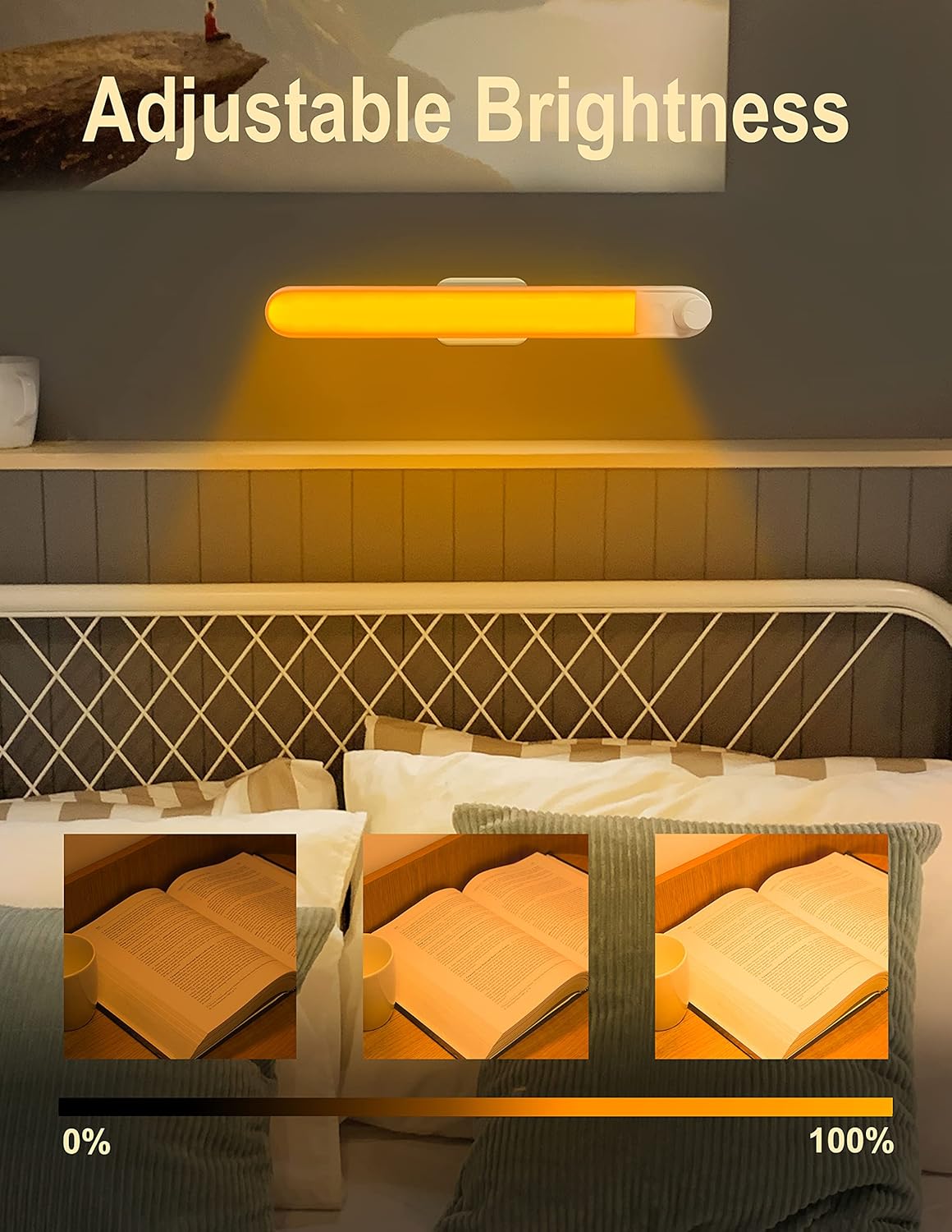 Dimmable Touch Light Bar Bunk Bed Lights Stick on Anywhere Amber Reading Lamps for Wall Mount Bedroom Kids Night Headboard Lamp Rechargeable Battery Powered