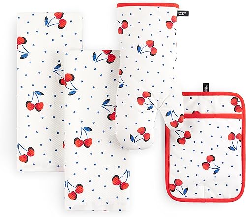 Kate Spade New York Cherry Dot - Juego de 4 toallas de cocina, guantes de horno y soporte para ollas, 17 x 28 pulgadas, 7 x 13 pulgadas, 7 x 10