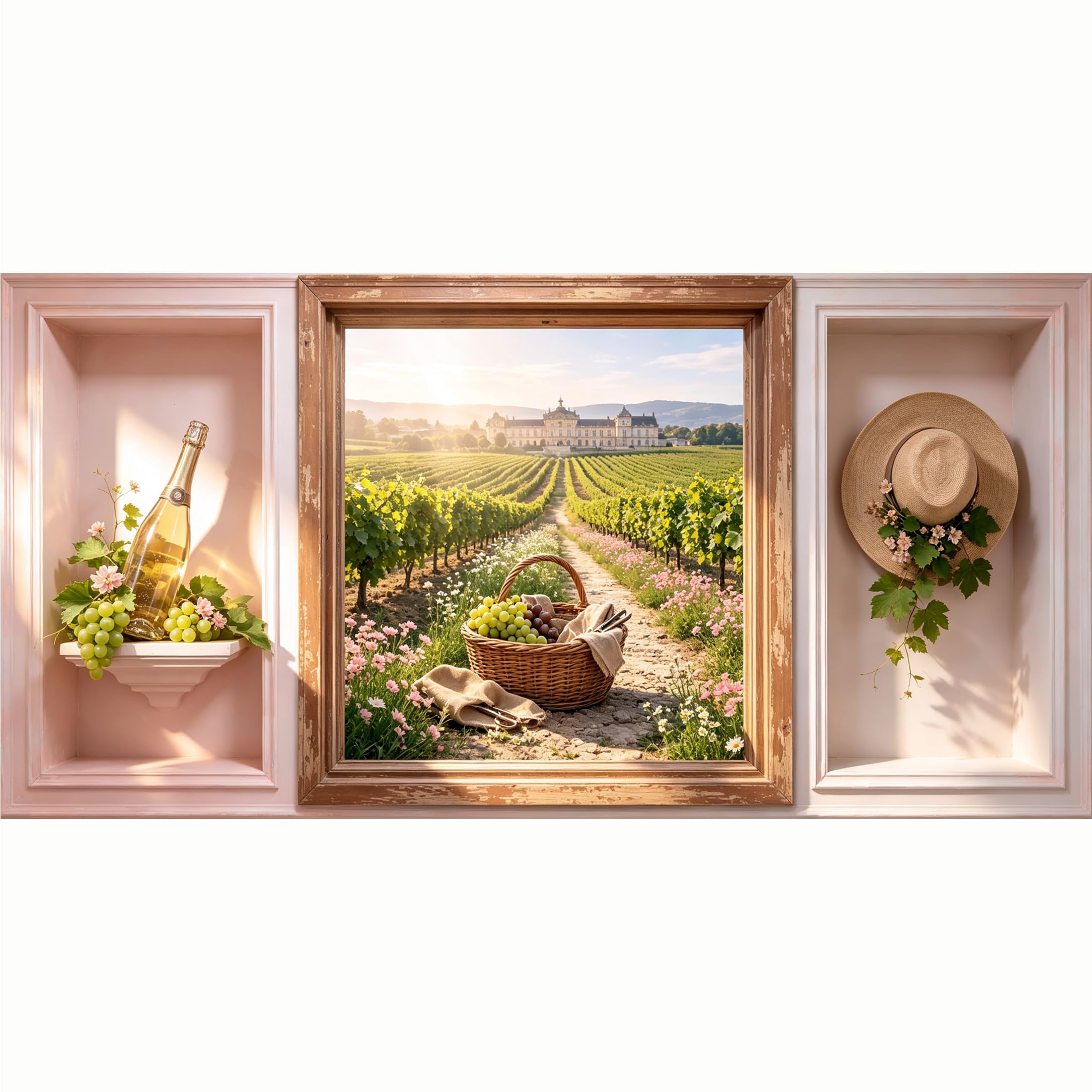 QZLITHOTIC 50x100cm 3D Framed Wall Art， Tuscan Vineyard Estate Picnic Landscape Self‑Adhesive Mural， Water‑Activated Peel & Stick Fabric Decor Wall Decal for Bedroom Living Room