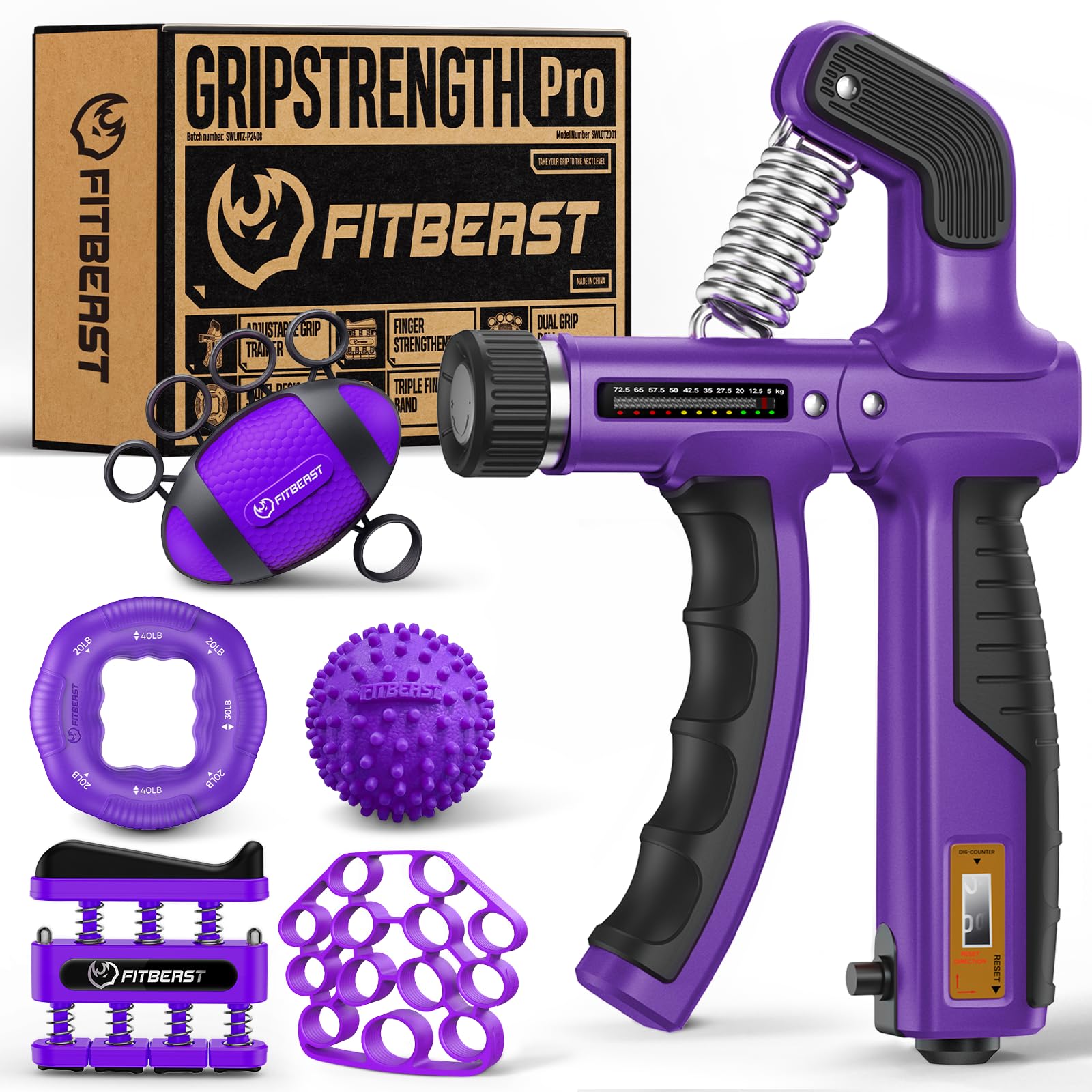 FitBeast Handtrainer, Unterarmtrainer Set – 6-teilig mit einstellbarem Widerstand, Griffkraft Trainer, Fingertrainer und Massagebällen für Handtherapie, Grifftraining und Erholung (Lila)