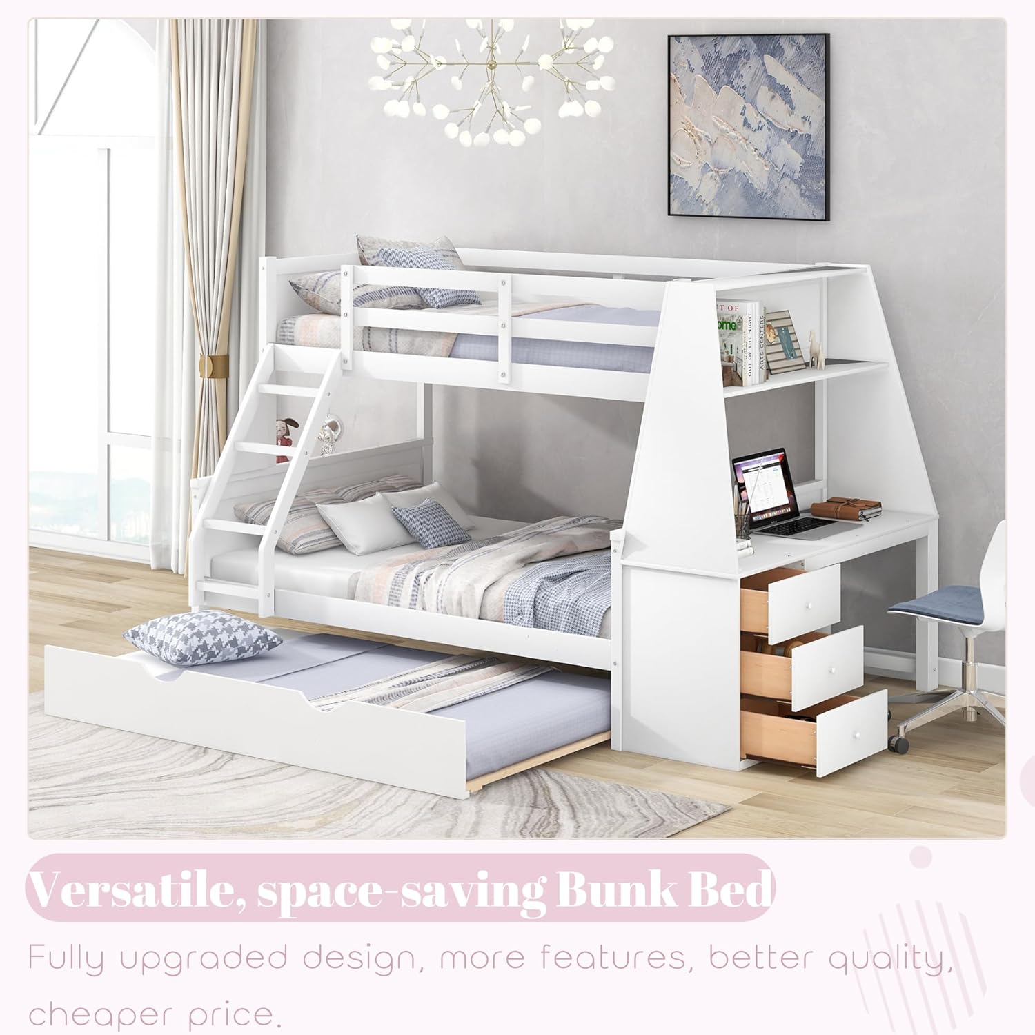 Bellemave Twin Over Full Bunk Beds with Trundle and Desk Wood Bunk Bed Frame with Three Storage Drawers and One Shelf for Kids Boys Girls Teens, White