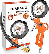 Gakago Gonfleur de pneus - Gonfleur de pneus précis avec manomètre à air comprimé de haute qualité 0-12 bar - Tuyau de gonflage extra long de 45 cm - Testeur de pression de pneus polyvalent