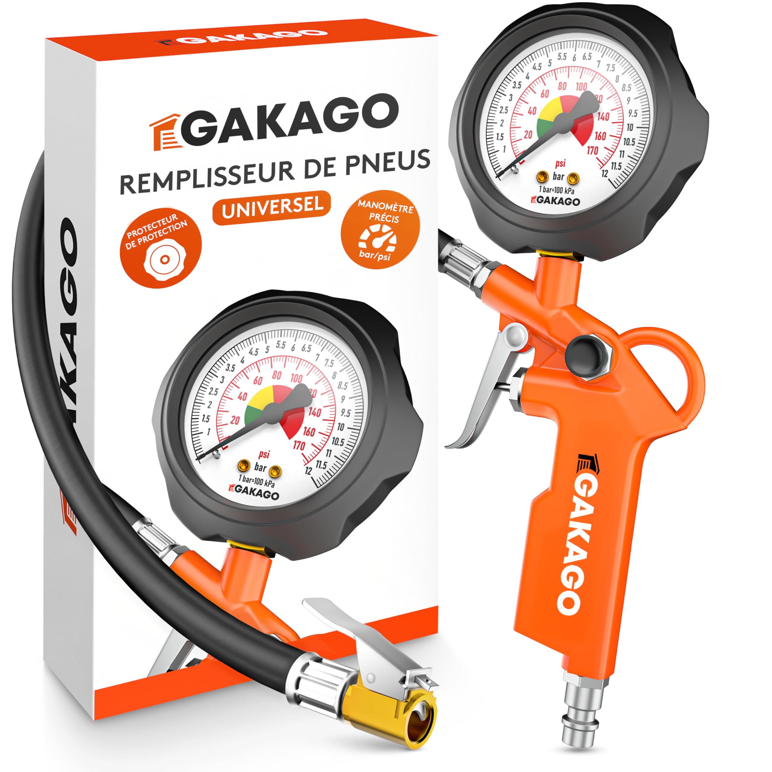 Gakago Gonfleur de pneus - Gonfleur de pneus précis avec manomètre à air comprimé de haute qualité 0-12 bar - Tuyau de gonflage extra long de 45 cm - Testeur de pression de pneus polyvalent