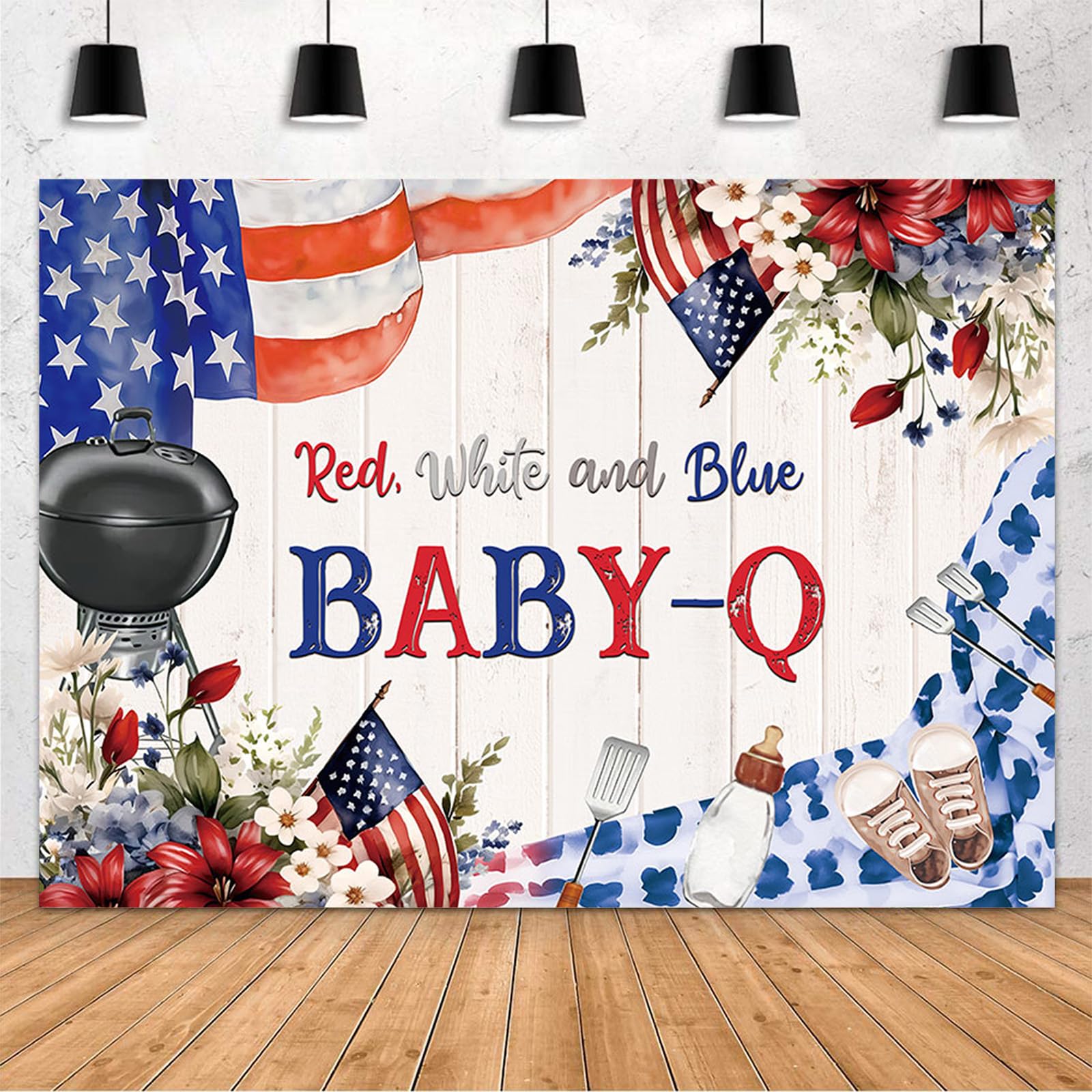 MEHOFOND 7x5ft Red White and Due BBQ Theme Backdrop Boy Girl 4th of July Baby Shower Background Little Firecracker Baby-Q Patriotic Independence Day