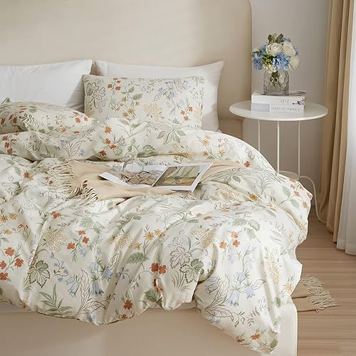 Miniatura 6 de EAVD Funda de edredón floral botánica fresca, tamaño matrimonial, color blanco, suave, 100% algodón, juego de ropa de cama botánica de jardín con 2