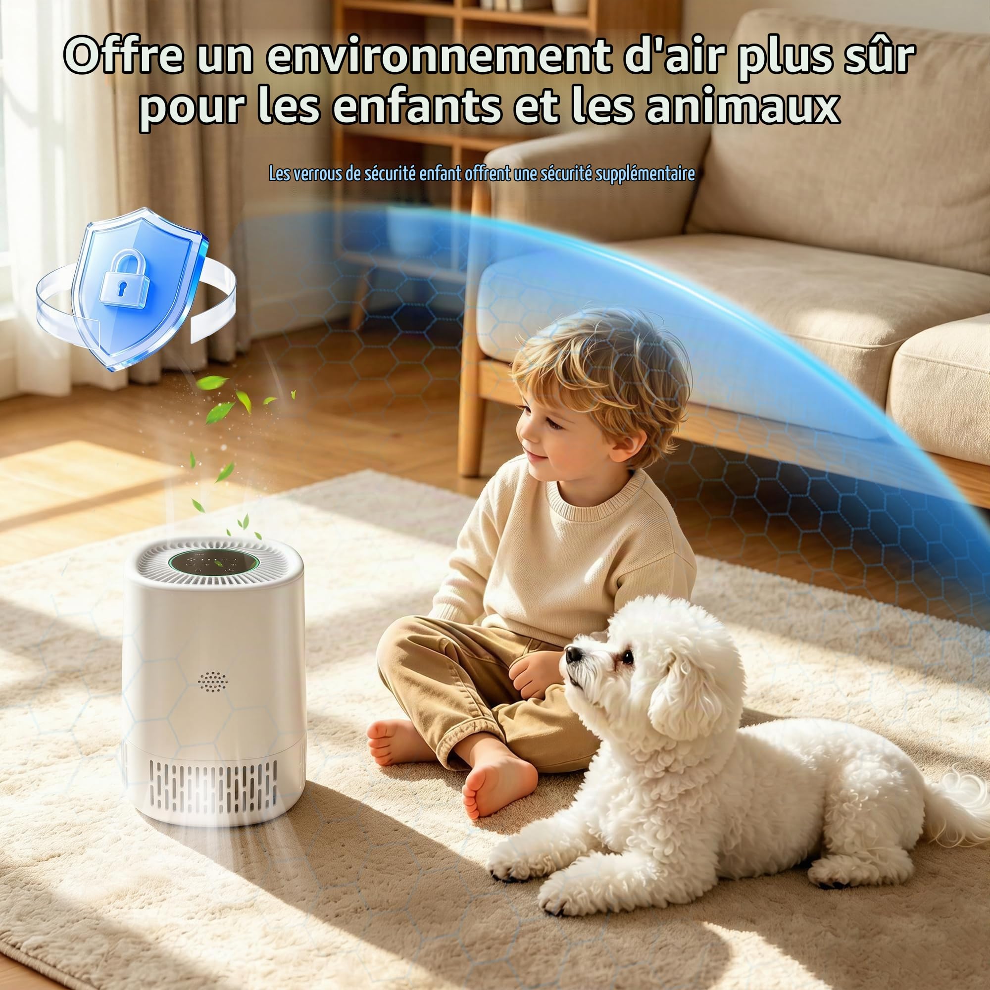 Purificateur d'air avec HEPA + filtre à charbon actif, CADR 100 m³/h pour jusqu'à 15 ㎡, 5 niveaux, mode automatique, mode veille 24 dB, minuterie, sécurité enfant, 5 V Type-C USB, pour chambre à
