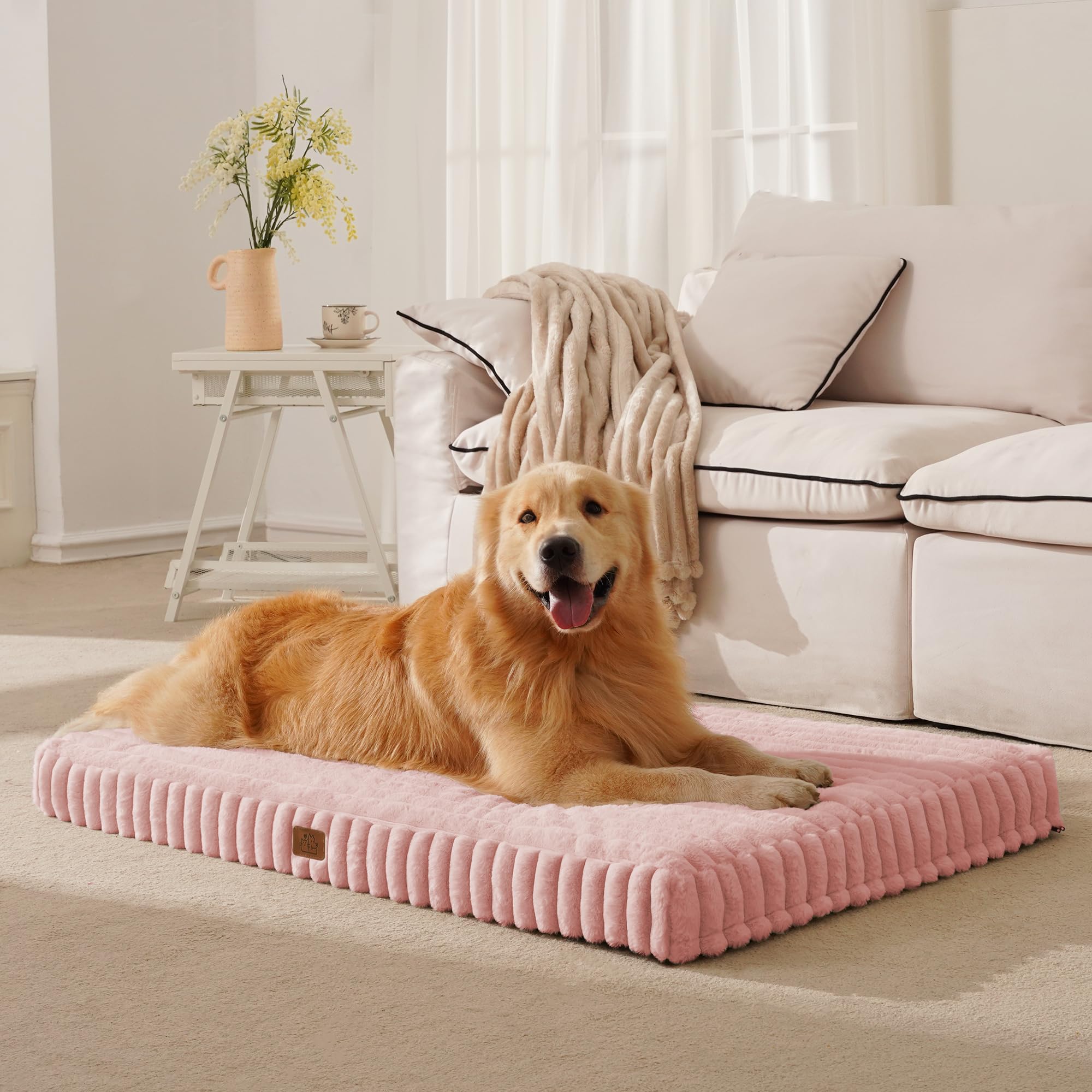 DOPEDIO Dog Bed Pink L-Crate, Waterproof Removable Cover,Calming Crate Mattress with Anti Slip Bottom,Soft and Warm