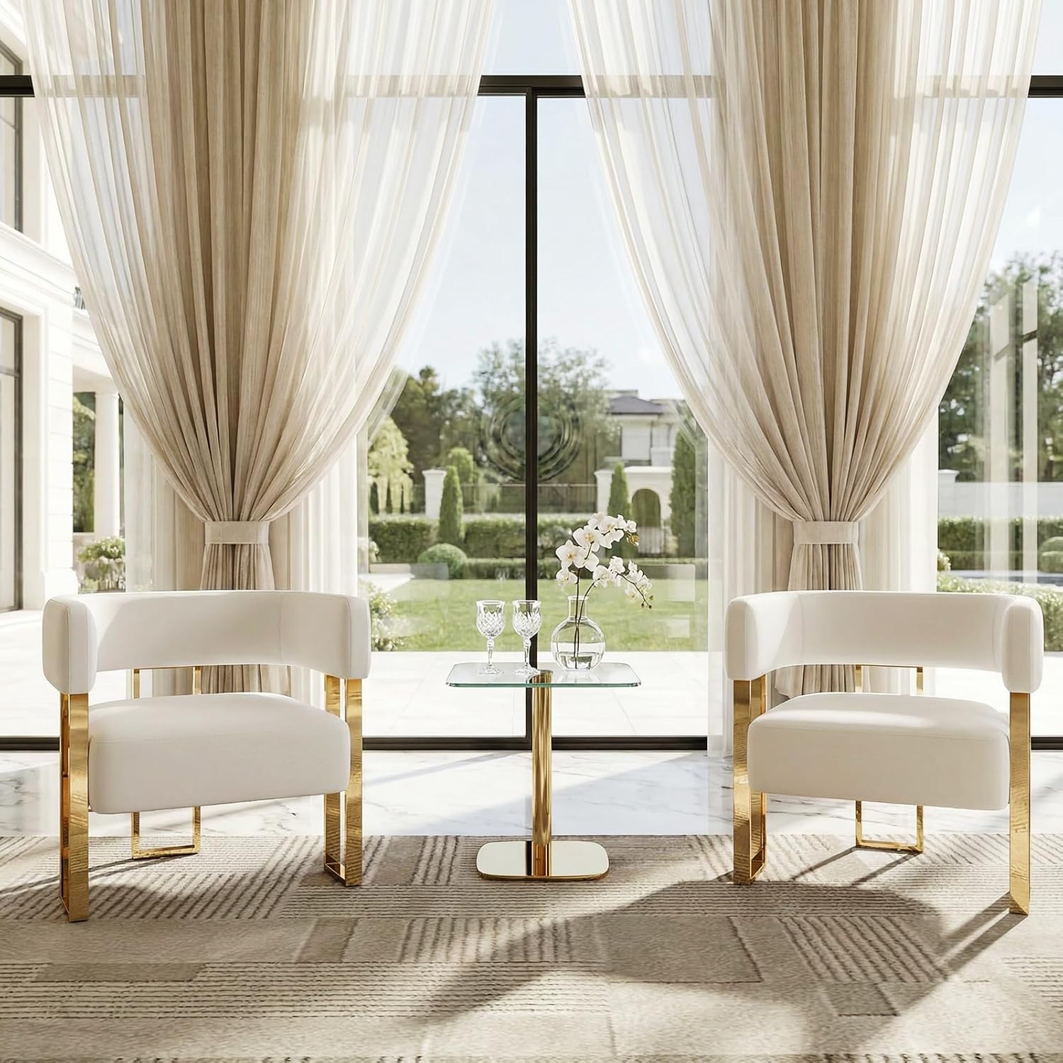 Modern Velvet Accent Chairs Set of 2, Upholstered White Barrel Armchair Living Room Chair with Gold Metal Legs Comfy Corner Sofa Chair for Bedroom Vanity Reception