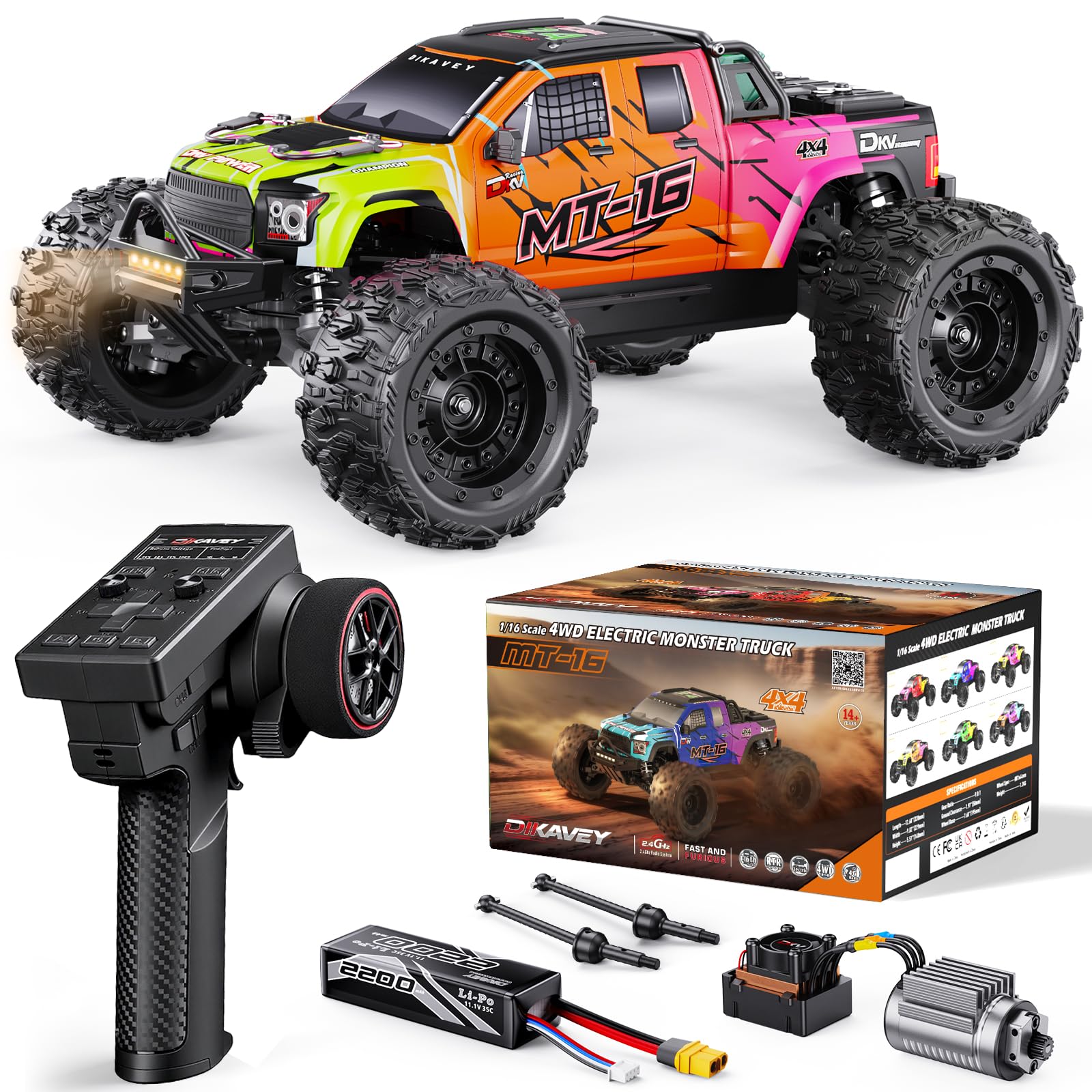 Camion TéLéCommandé 4x4 Brushless 1/16, Vitesse Maximale 80 Km/H, Tout-Terrain, Avec Batterie 3s, éTanche Et Haute Vitesse,IdéAl Pour Les Adultes Et Les Aventures Sur Neige Ou Sable - couleur orange