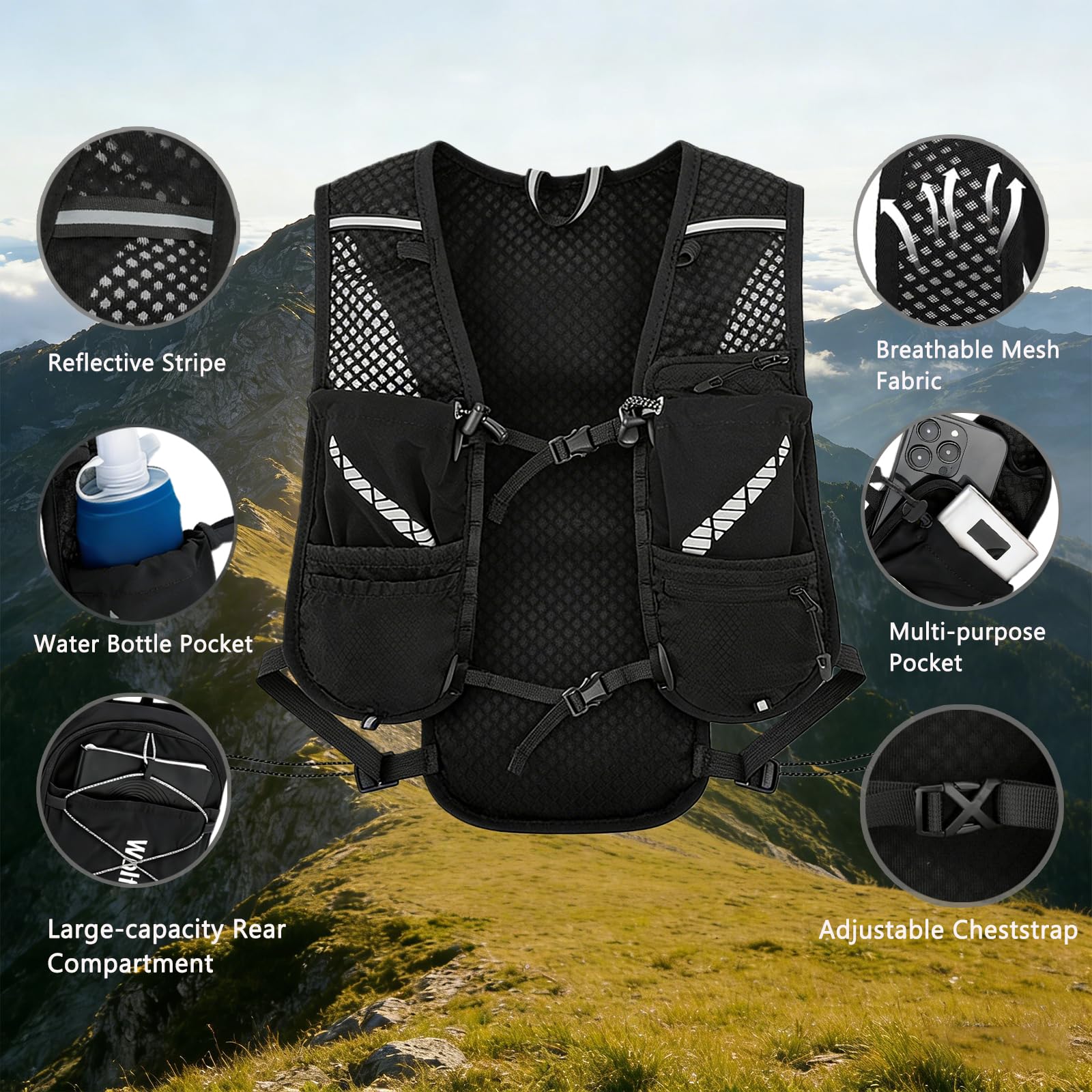 Laufweste mit 500ml Wasserflasche für Damen & Herren, Ultraleicht Reflektierender Trinkrucksack Trinkweste, Verstellbare Brustgurte Laufweste Hydration Pack für Laufen, Trails, Radfahren, Marathons