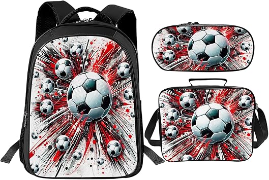 Soccer School Backpack for Teens Kids Kindergarten Elementary Middle School Sports 3-Pcs Bookbag, Soccer Back Pack for Boys Girls Children Sport Book Bag, Small Modern Bag