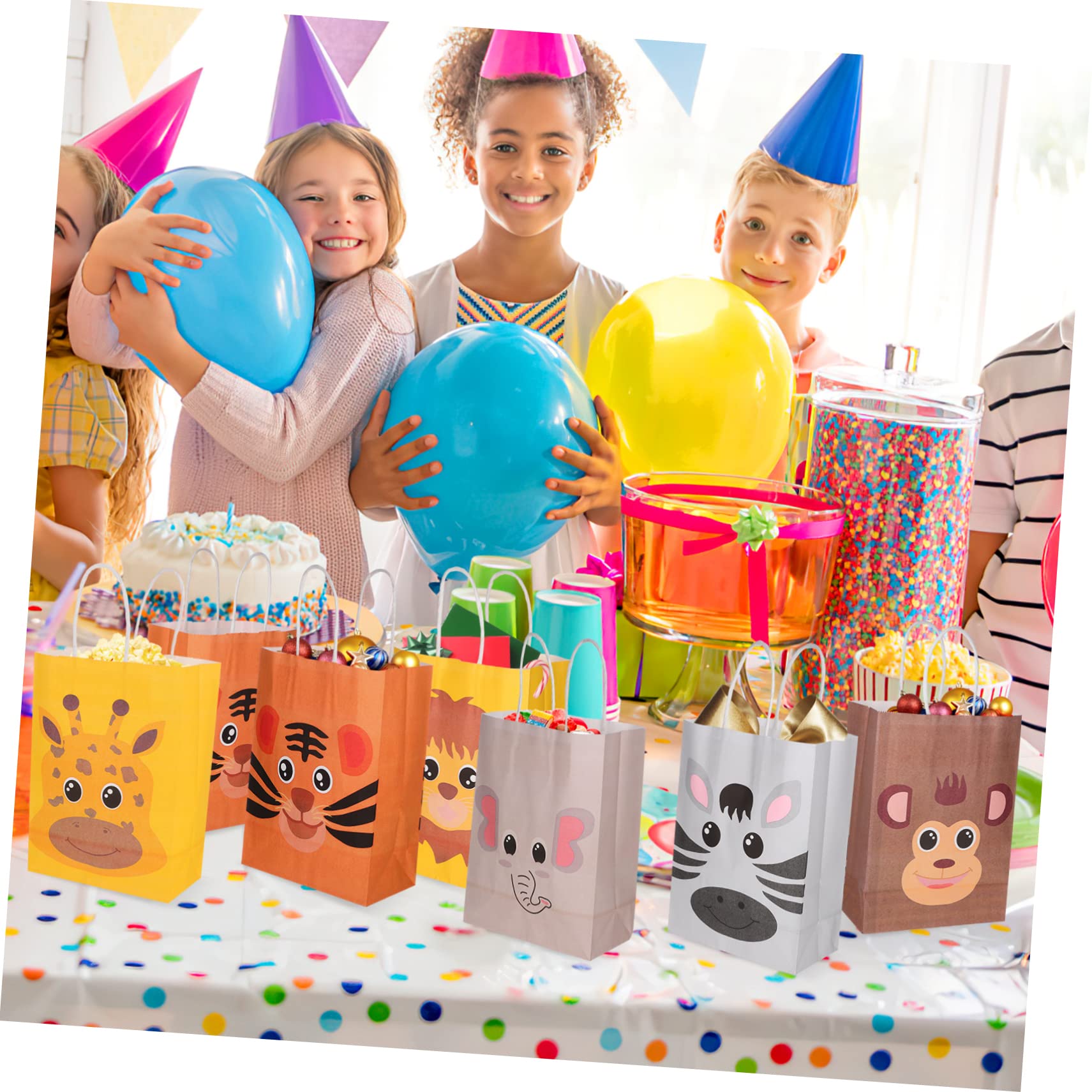 GOOHOCHY 24 Stück Papiertüten mit Henkel aus Kraftpapier für Kindergeburtstage Geschenktüten mit Tiermotiven 21x15x8cm als Partytüten für Kinder