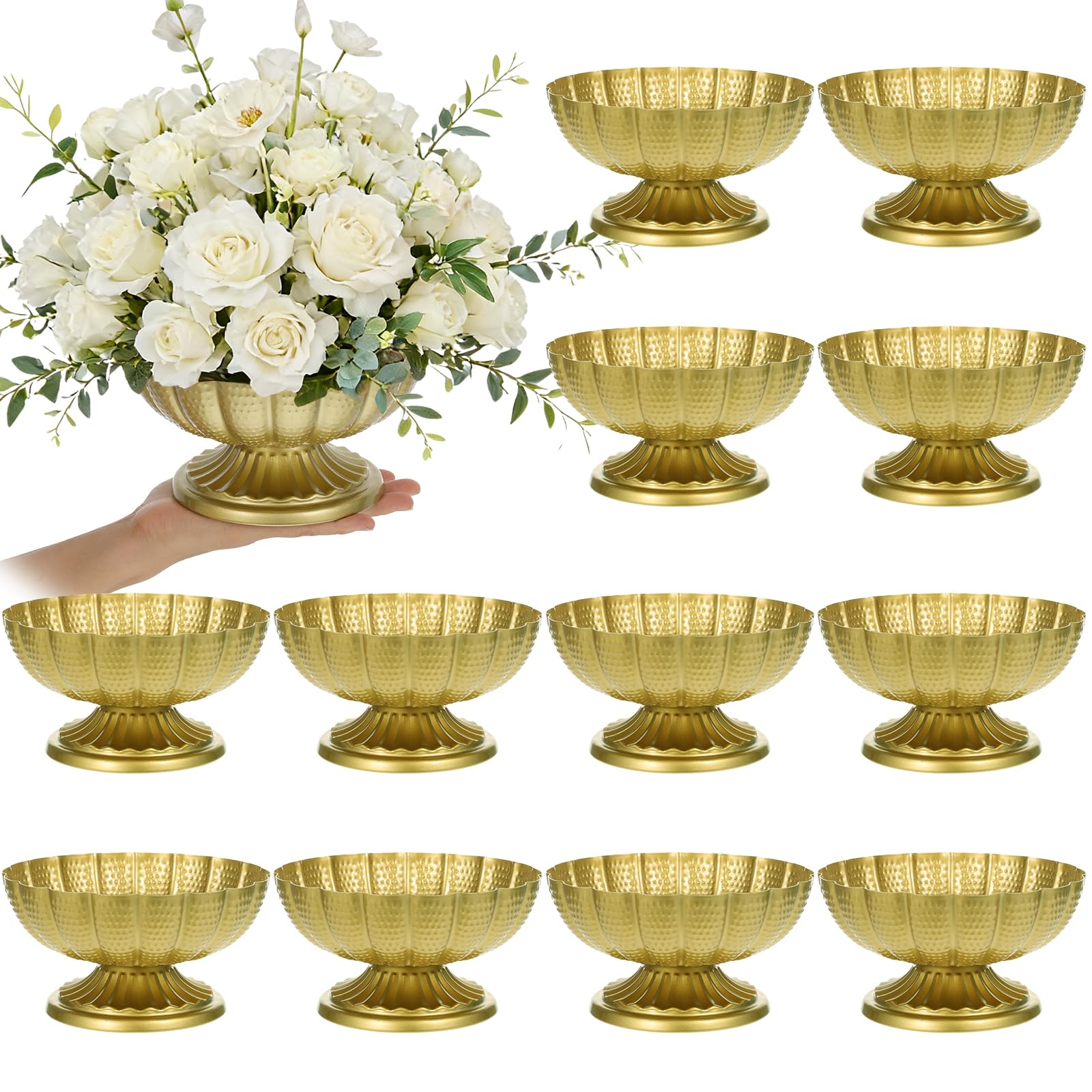 View 1 of 12 Pack Compote Bowl Gold Vase for Centerpieces 7" W x 4" H Small Metal Pedestal Vase Antique Gold Urn Vases Flower Arrangement for Wedding Anniversary Parties and Home Decor