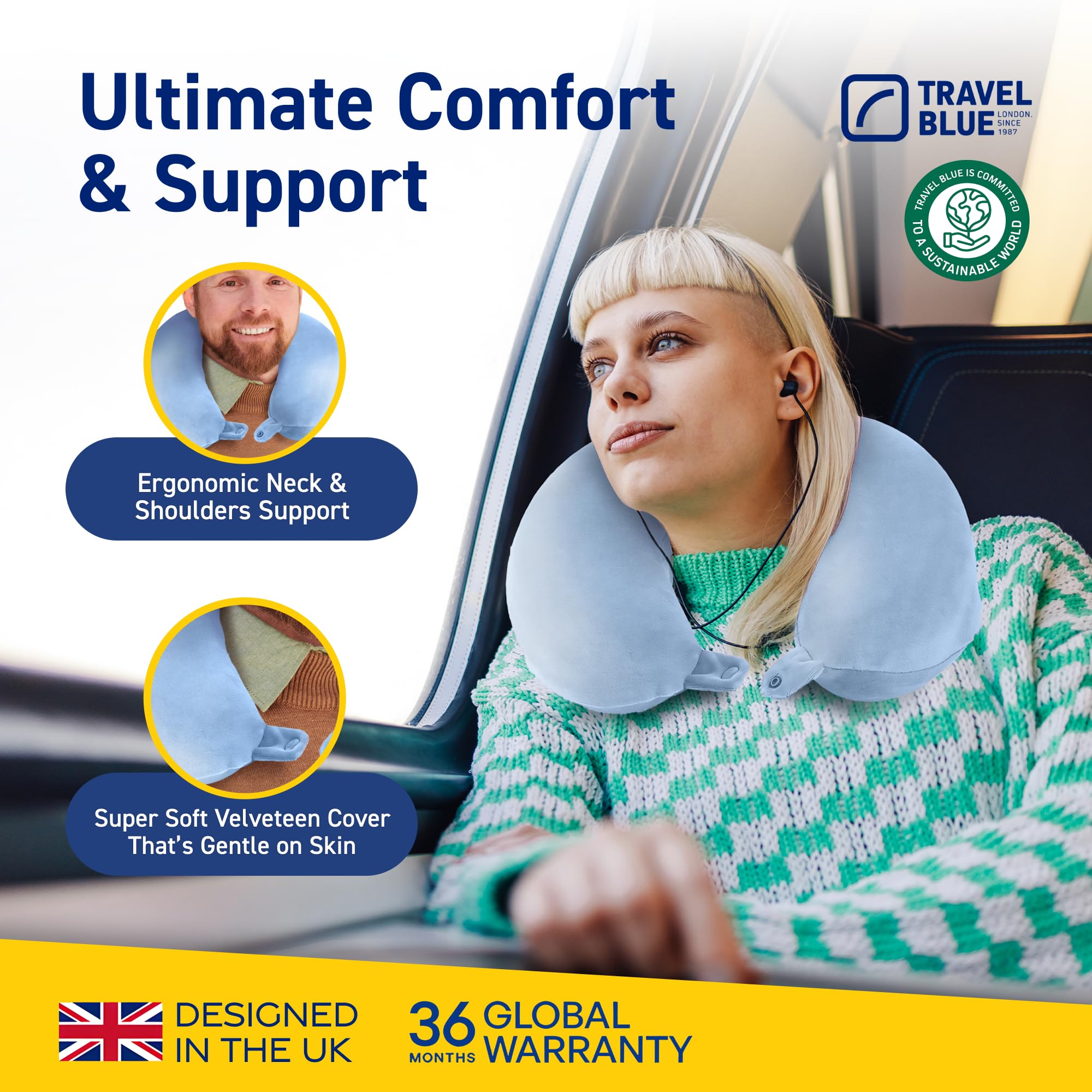 Travel Blue Almohada Cervical de Espuma Viscoelástica – Compacta y Ligera Almohada de Viaje con Soporte para el Cuello – Ideal para Coche, Tren, Avión – Funda de Poliéster Desmontable y Lavable