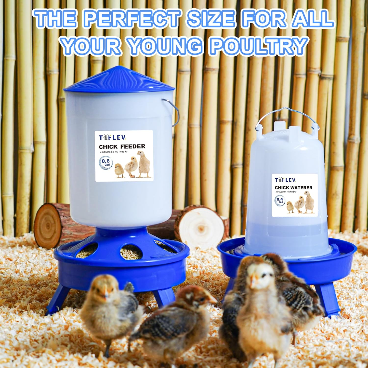 Chick Feeder and Waterer Set with 3 Adjustable Height, Scoop, 0.8Gal Top Fill Chick Feeder and 0.4Gal Waterer Anti-Drown for Raising Chicks in Brooder Blue