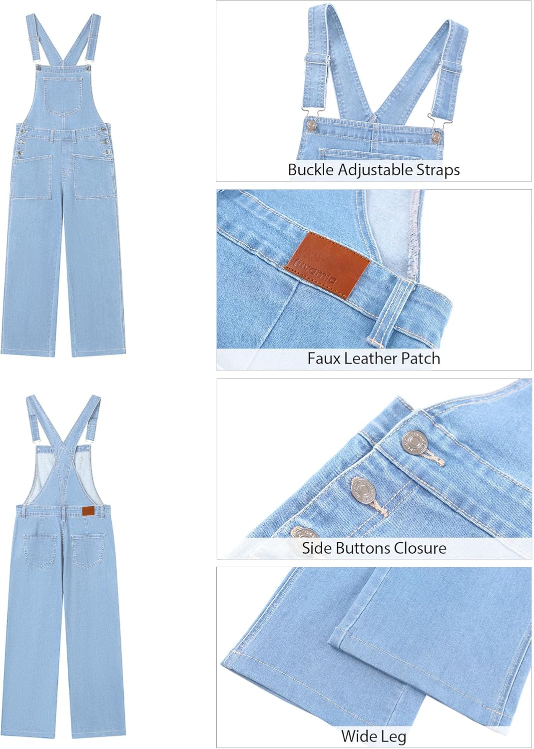 luvamia Jean Overalls for Women Loose Fit Baggy Wide Leg Bib Pocket Adjustable Straps Stretchy Denim Overall Jumpsuits - Image 5