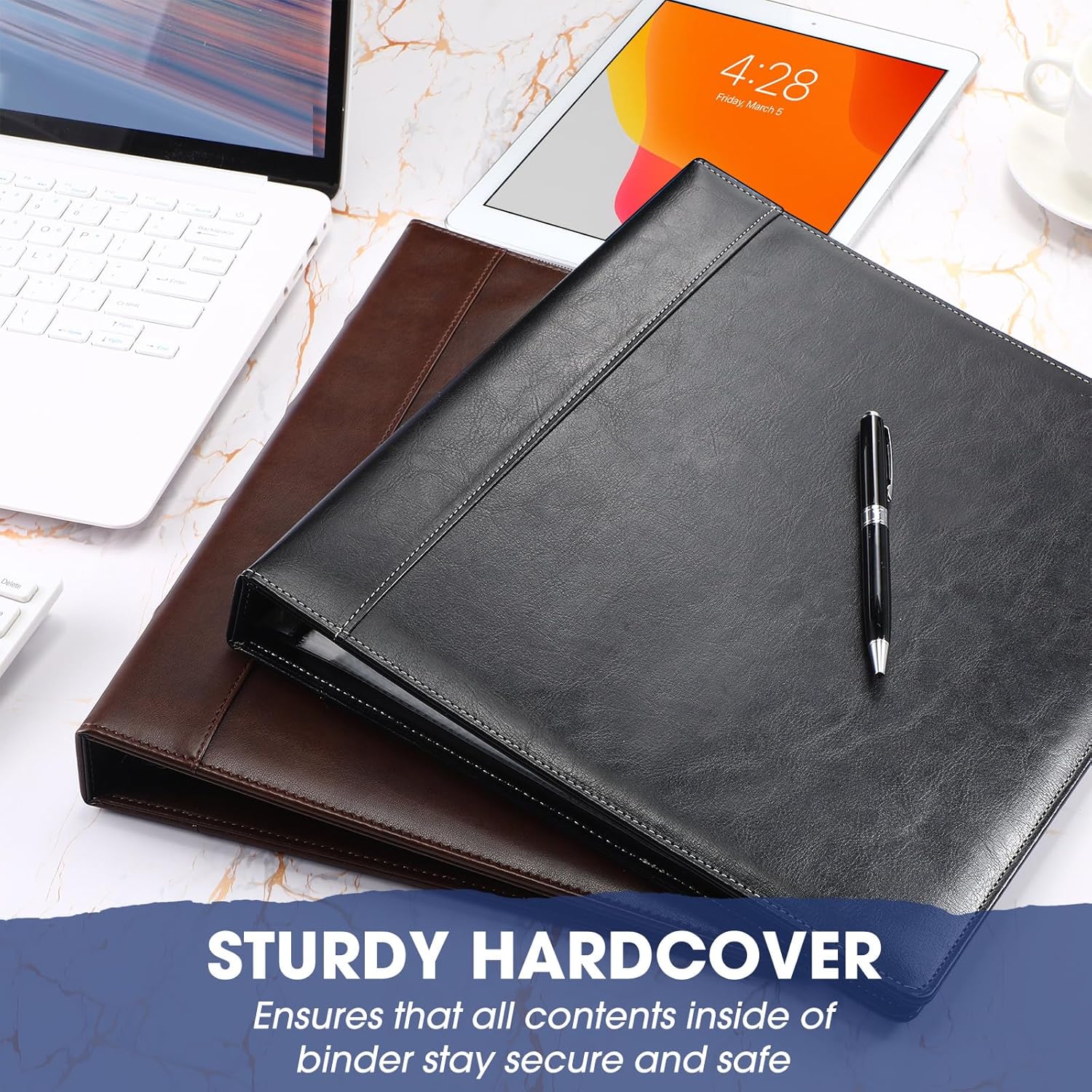 Marspark 2 Pcs 3 Ring Binder Professional Leather Binder Organizer Vintage Hardback Letter Size 8.5 x 11 Documents Round Rings Holds 200 Sheets with 2 Inner Pockets(1 Inch,Black)