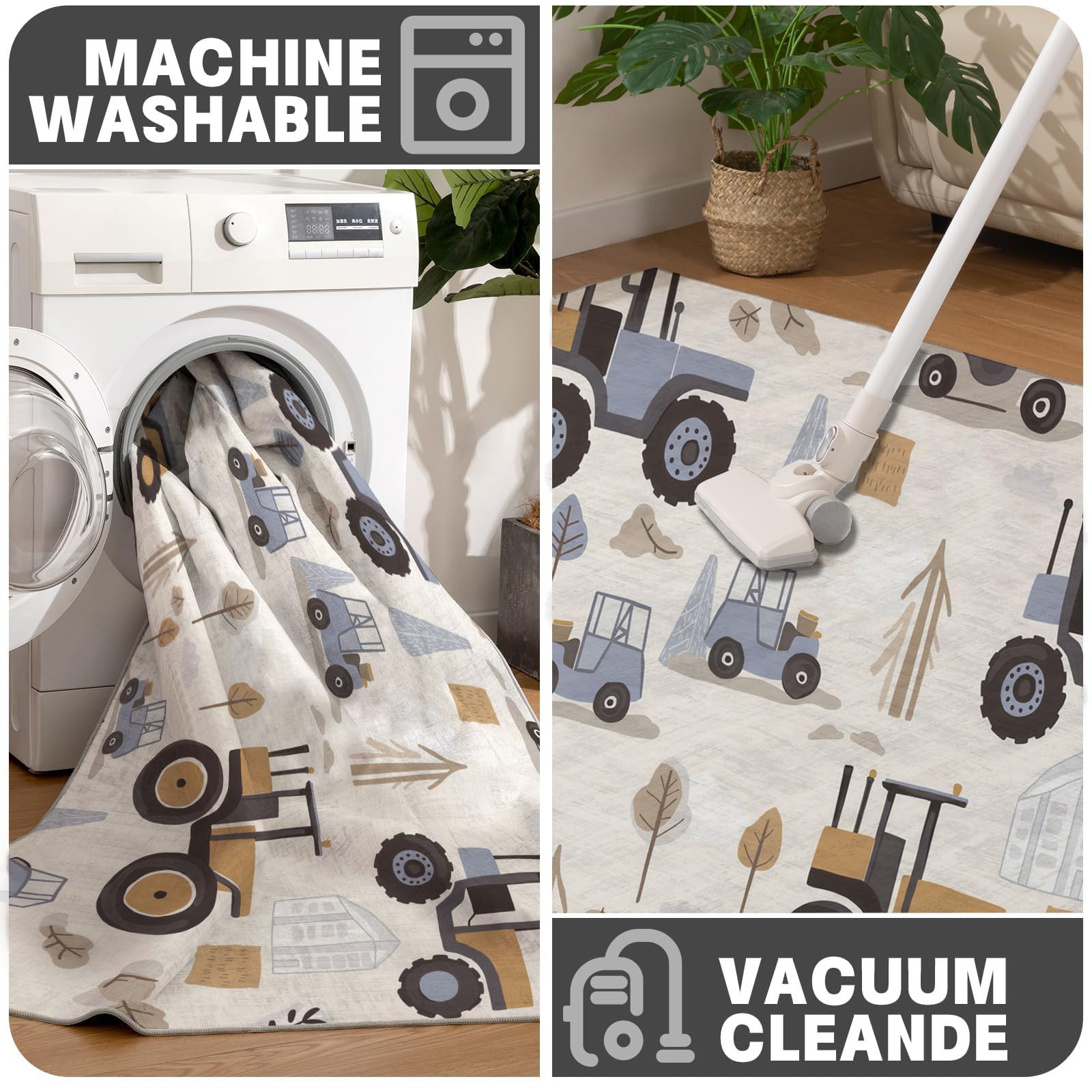Tappeto Rotondo Stile Di Illustrazione Per Bambini, Tappeto Stampa Veicoli Da Costruzione Forestali Flanella Morbido, Tappeti Marrone Salotto Antiscivolo Lavabile, per Camera Bambini Cameretta 150cm