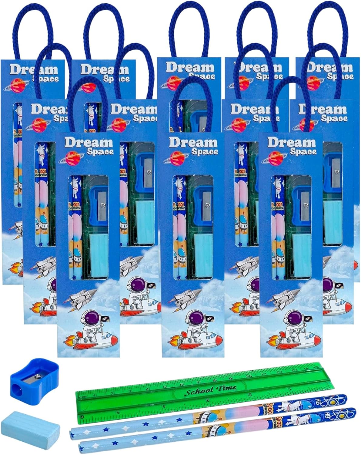 Birthday Party Return Gifts Stationery Kit for Girls/Boys | Included - 2 Pencil, Eraser, Sharpener, Scale | Kanjak Diwali Return Gift Set Gift for Kids Specail Festivals Gift (Space 12 Pcs)