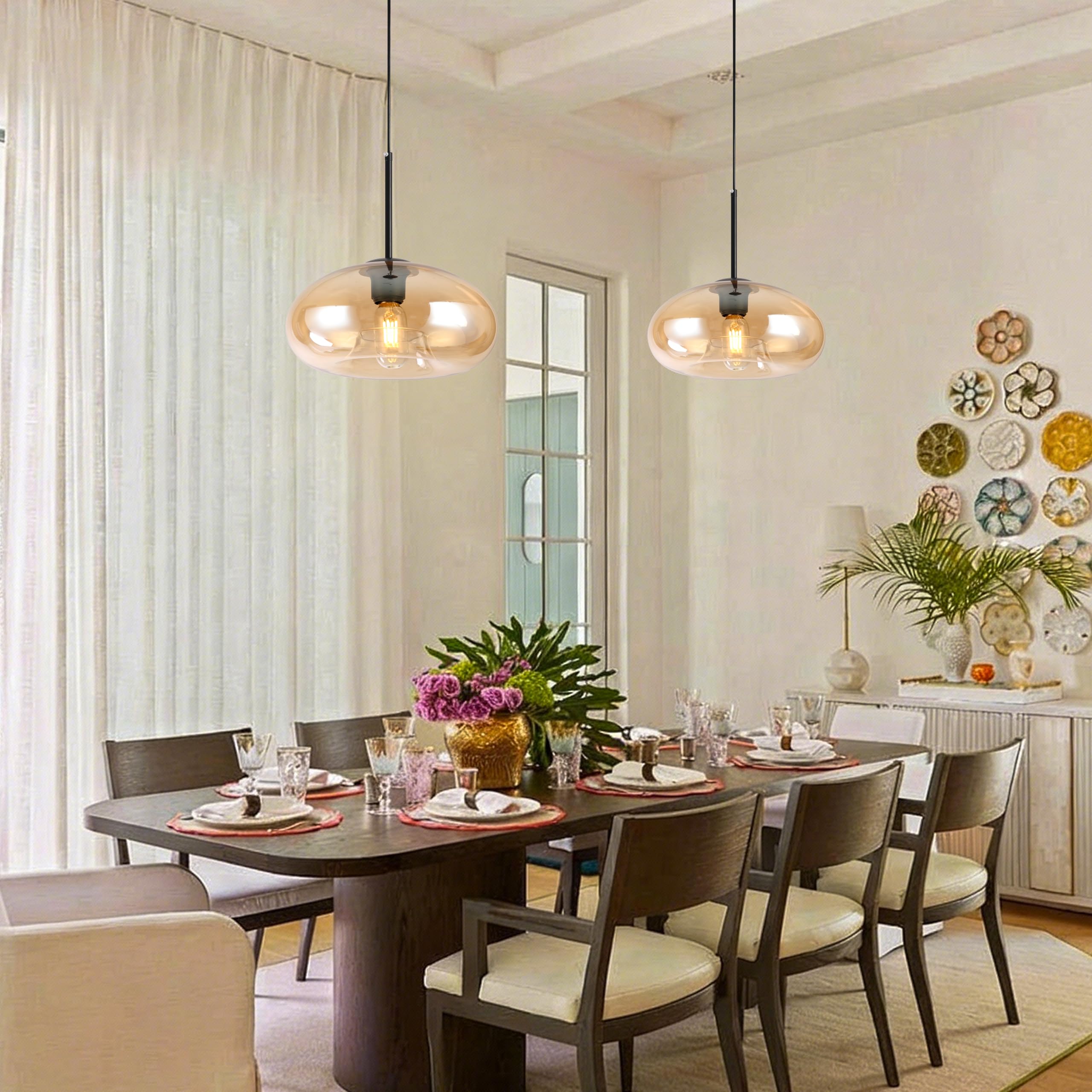 Vintage Glass Pendant Light – Amber Tulip Shade, Gold Finish, Adjustable Height, For Kitchen Island Or Dining Room