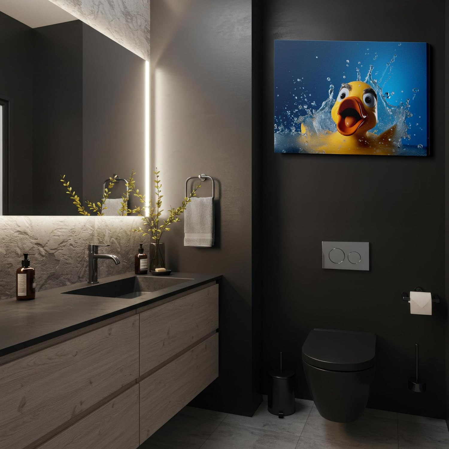 Canvas for Living room. Dive into Delight with the Splashing Yellow Rubber Duck Adventure, 27 x 18 inch Canvas Wall Art - Modern Home Decor - 91x61 cm (36x24 inch)