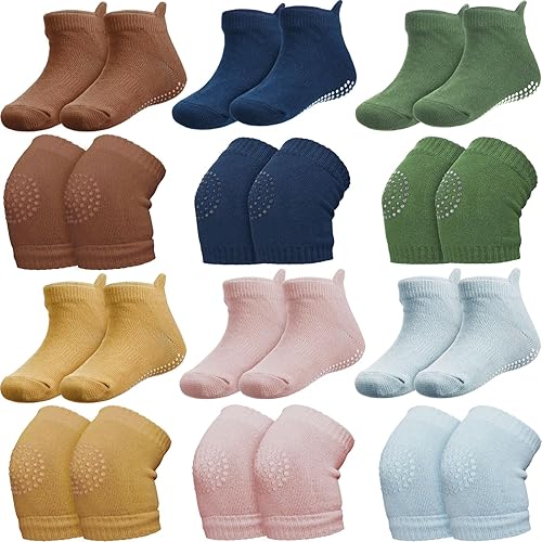 Geyoga 12 pares de rodilleras antideslizantes para bebés y calcetines antideslizantes para bebés y niños pequeños protectores de rodilla