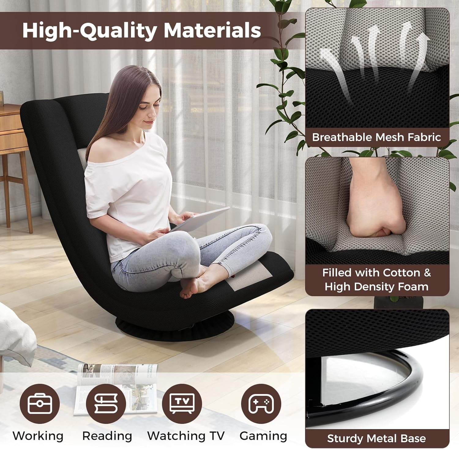 Giantex 4-Position Adjustable Lazy Sofa Chair with Back Support - Meditation & Gaming Chair, Swivel Floor Recliner for TV, Reading & Couch (Grey & Black)