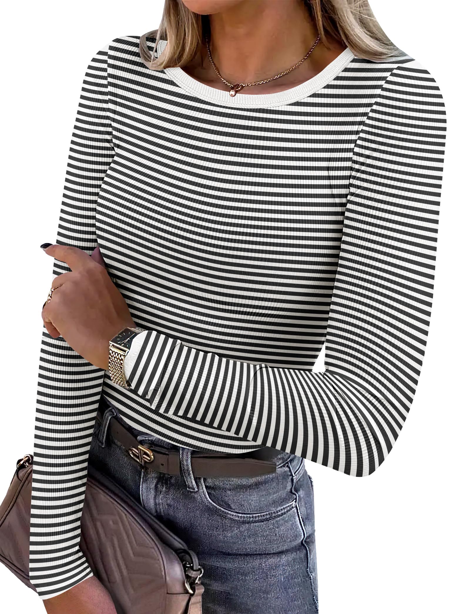 ANRABESS Women Long Sleeve Shirts Rib Knit Slim Fit Tops Basic Tee Spring Outfits Casual T-Shirt Underscrubs Layer Clothes