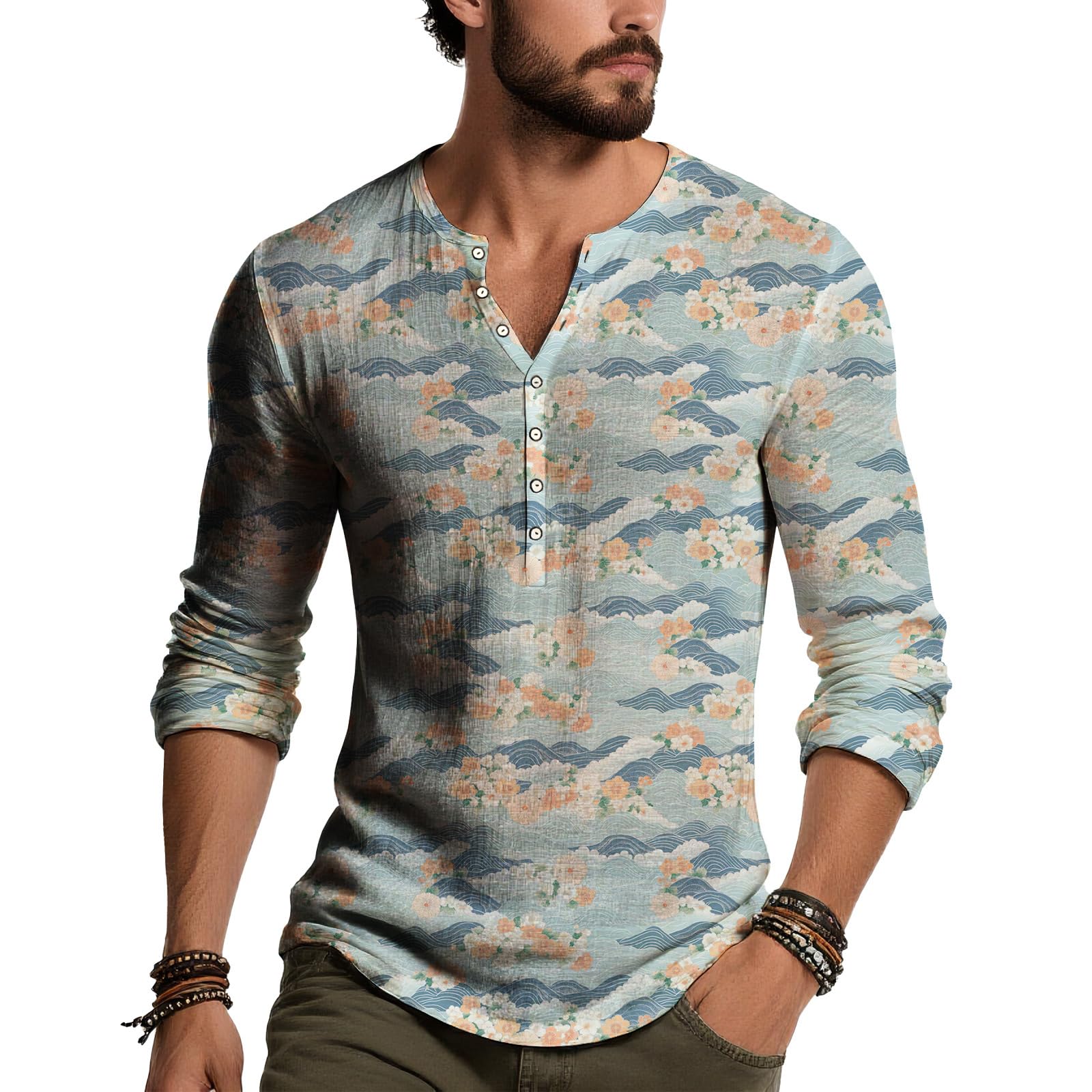 Men's Long Sleeve Art Henley Shirt V Neck Button Down Casual Top Lightweight Polyester Wave Floral Print Fashion Tee