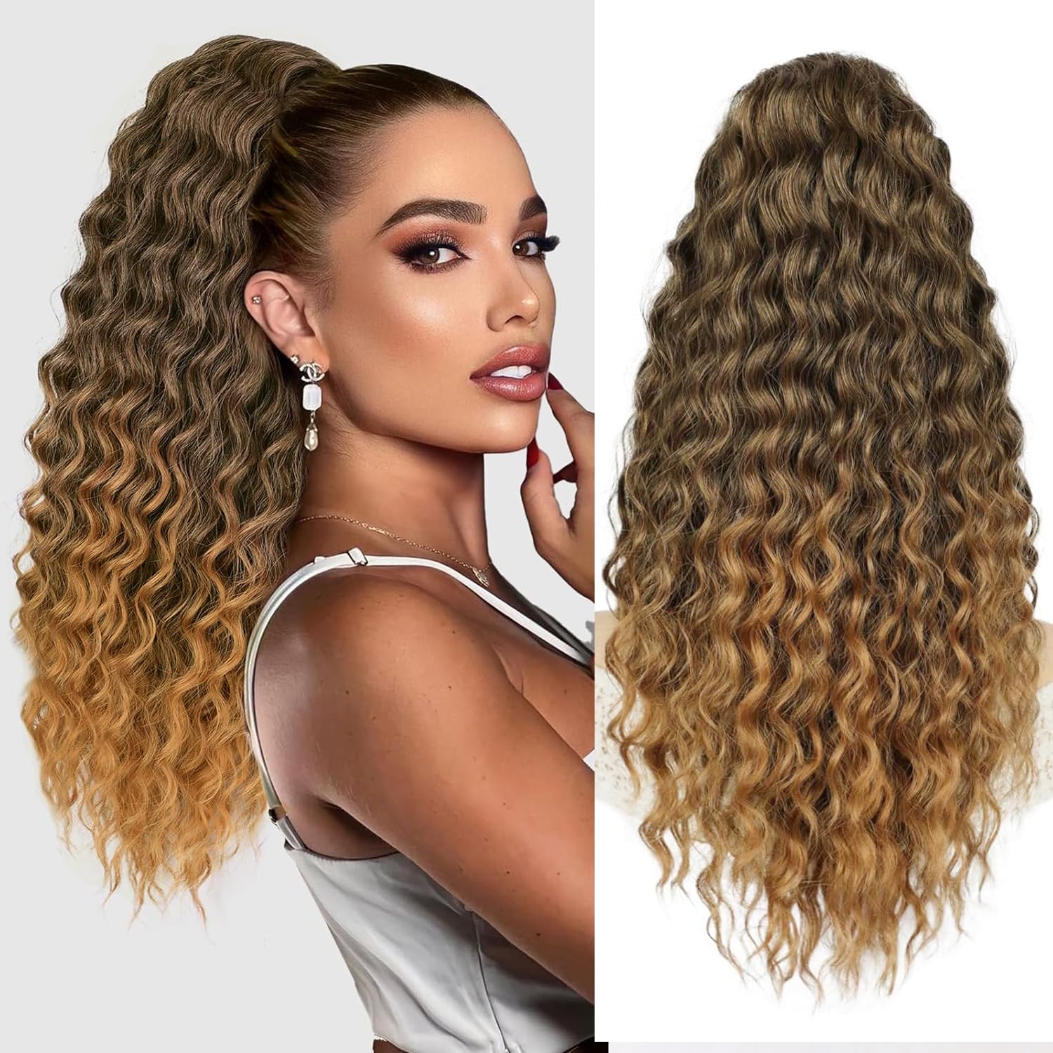 colorfulpanda Long Drawstring Curly Ponytail Hair Piece for African American Ponytail Extension Synthetic Hair Afro Kinky Curly Ponytail with Clip in Hairpiece for Women,18 inch(Black/Blonde)