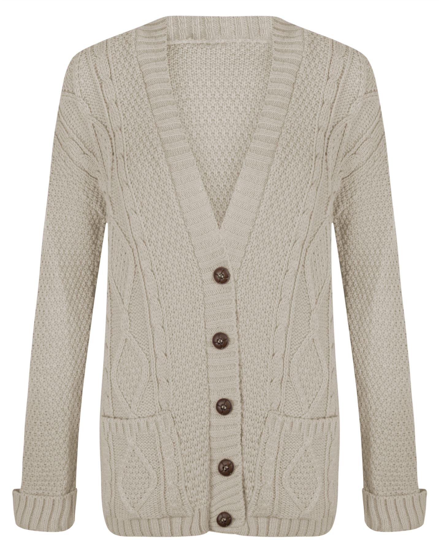 Womens Ladies Chunky Cable Knitted Long Sleeve Button Grandad Knitwear Cardigan - Beige - One Size(UK8-14) - (Mixed Fibres)
