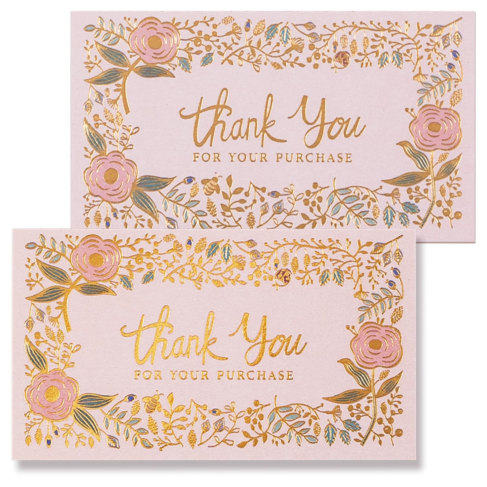 Thank You Cards for Small Business, 100-Pack, Flat No Fold, 2 x 3.5 Inches, Elegant Floral Design with Gold Foil