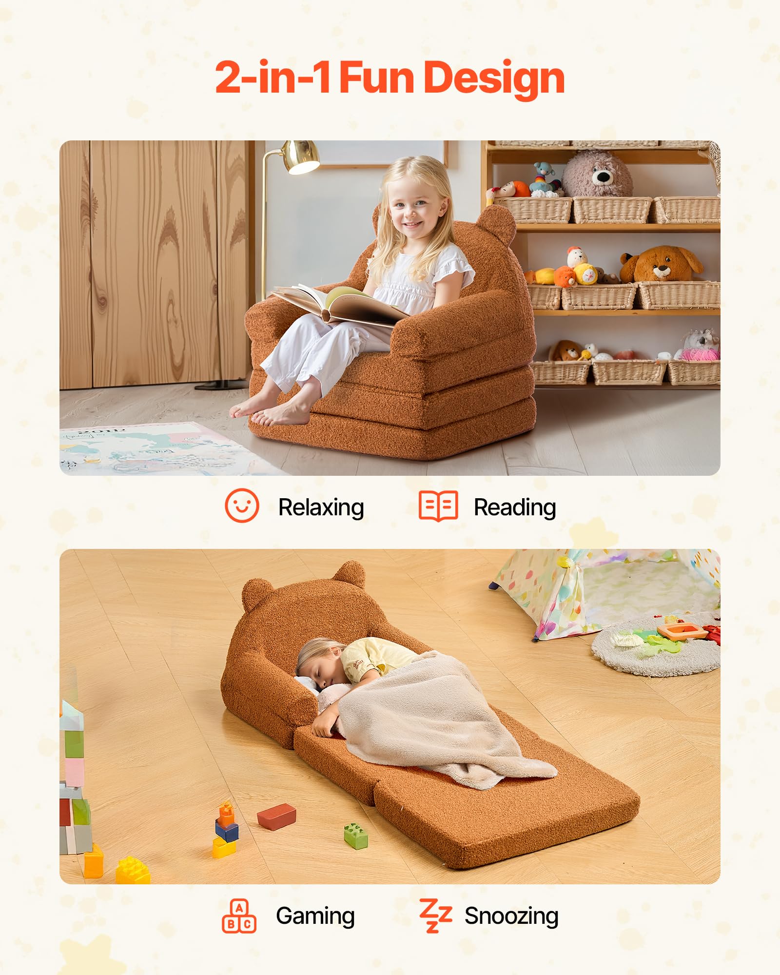 VEVOR Fauteuil pour Enfants Convertible 2-en-1, Canapé-lit Pliable et Moelleux, avec Accoudoirs, en Éponge 28D et Polaire Bouclette, Sofa Tout-Petits pour Chambre d’Enfants Salle de Jeux, Marron, M