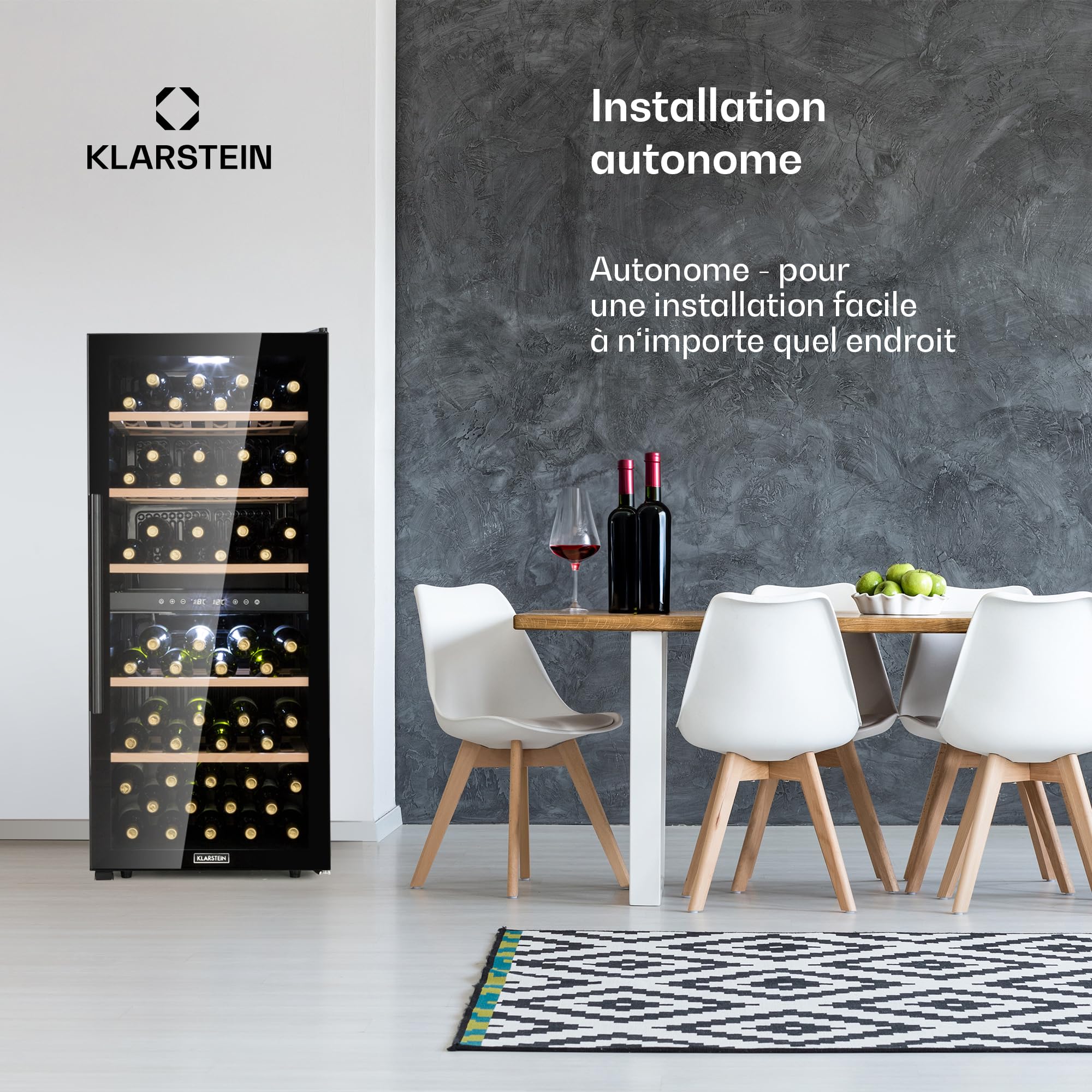 Klarstein Cave a Vin, Réfrigérateur à Vin avec Porte en Verre, Cave à Vin de Vieillissement, Prosecco, Bière, Ecran Tactile, Réfrigérateur Bar, Frigo, Protection UV, 5-18°C, 102 Bouteilles
