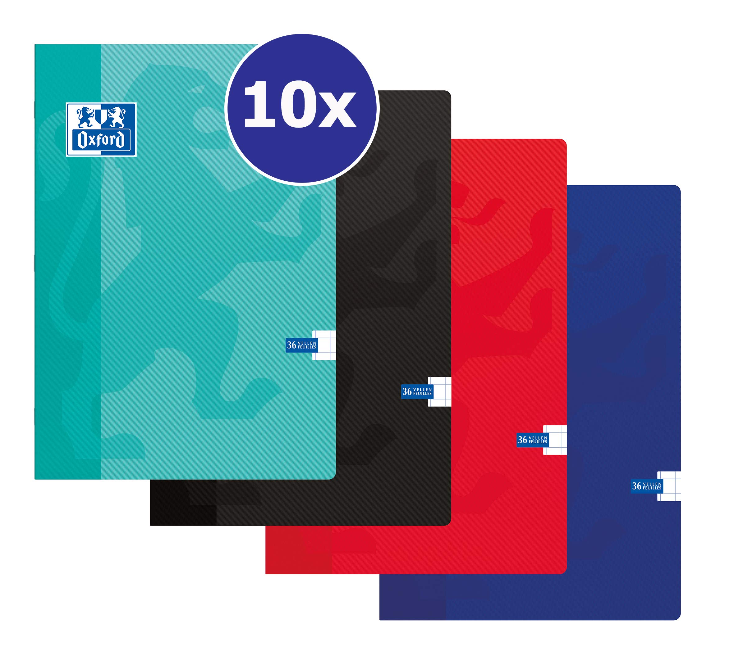 Oxford Schulheft A4 kariert 10er Pack 4 Farben 10mm 72 Seiten 90g Flexibler Kartondeckel