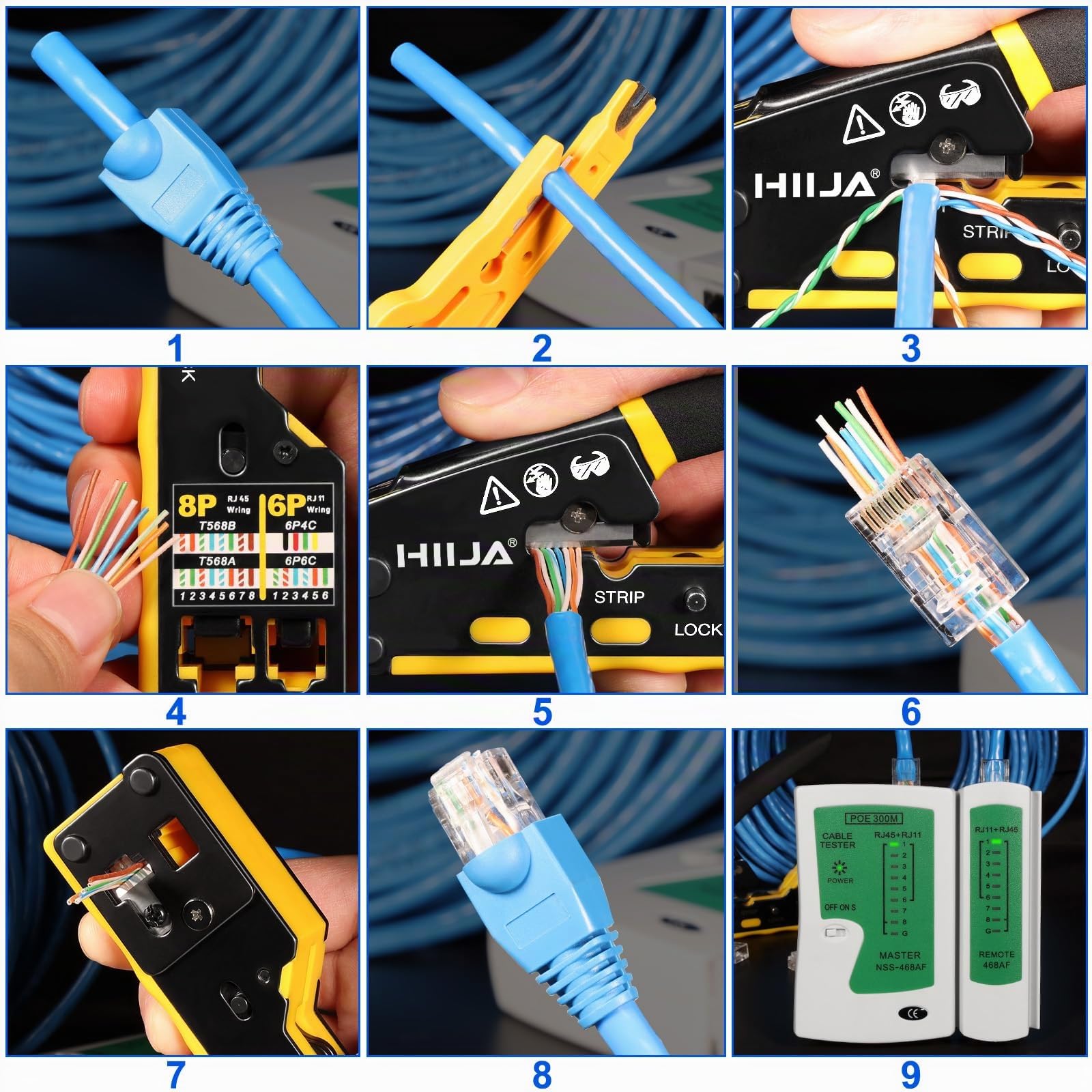Pinza Crimpatrice RJ45 Passante per Connettori Ethernet Cat6 Cat5 Cat5e con Tester Cavi di Rete 50 Connettori RJ45 50 Coperture RJ45
