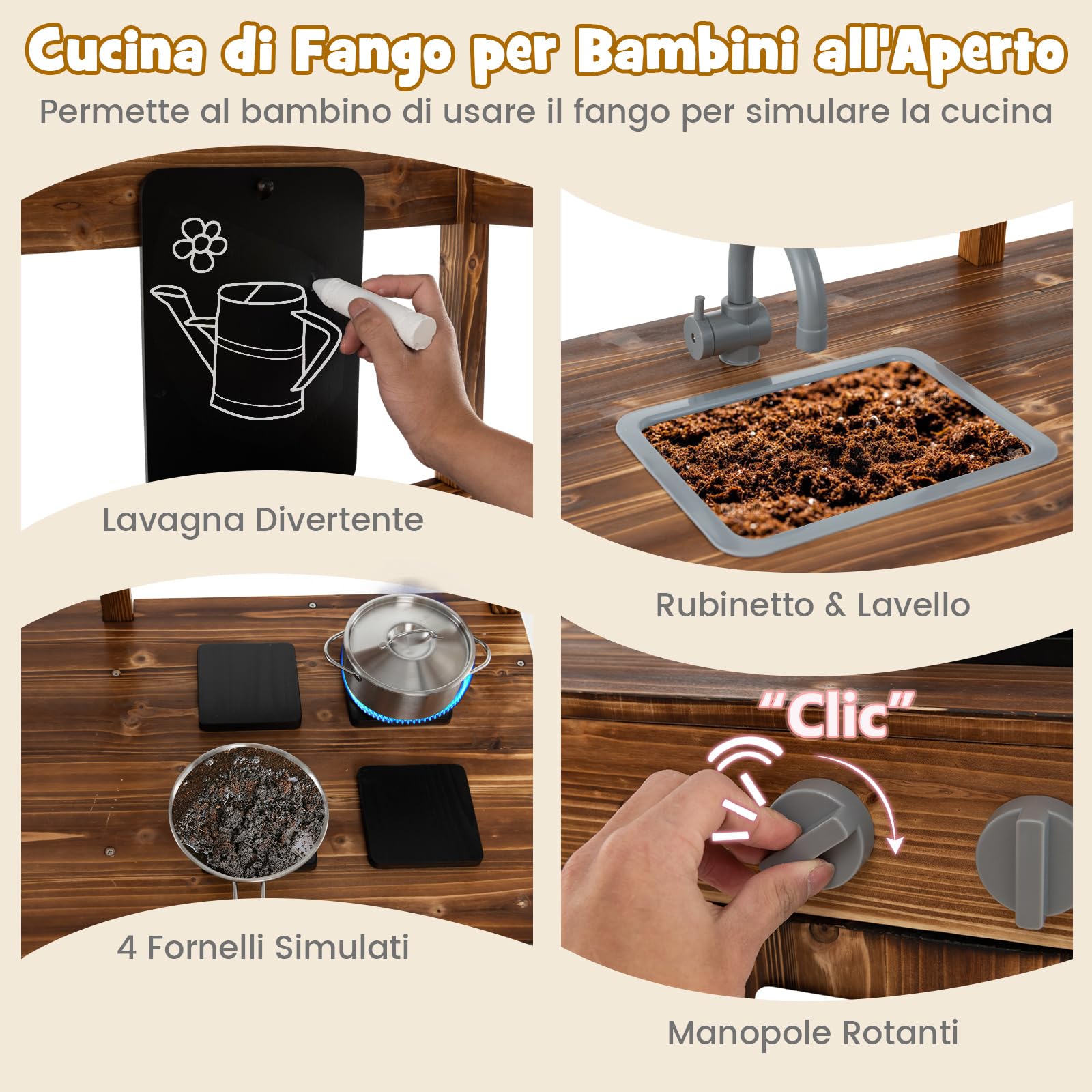 COSTWAY Set da Cucina per Bambini, Cucina da Giardino con Tettoia, Rubinetto Girevole e Lavello Rimovibile, Fornelli e Manopole Realistici, Lavagna, per Bambini 3-7 Anni