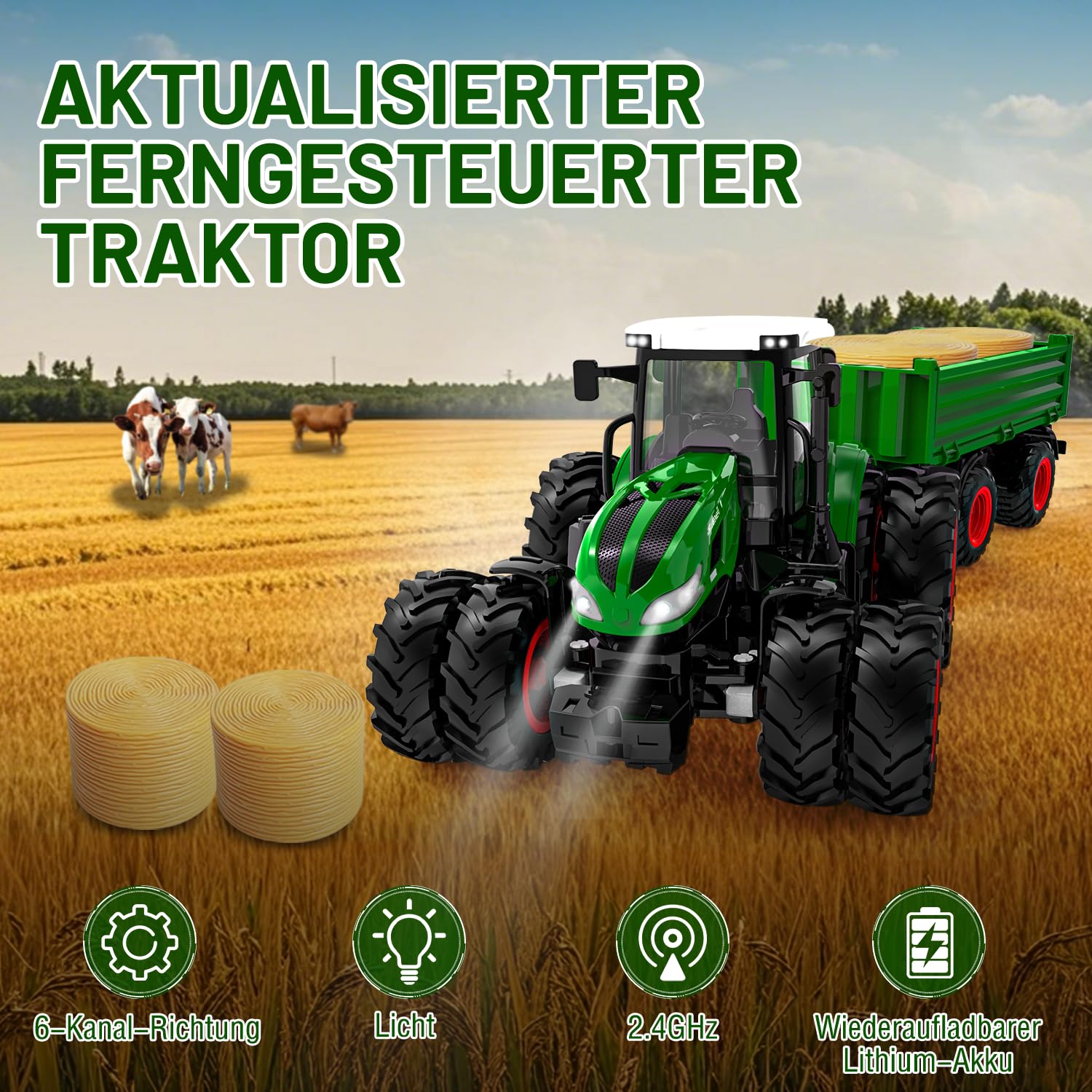Zdalnie sterowany traktor, zabawka dla dzieci od 2 do 6 lat, traktor RC z przyczepą, ciągnik rolny ze światłami, prezent na Boże Narodzenie dla dzieci