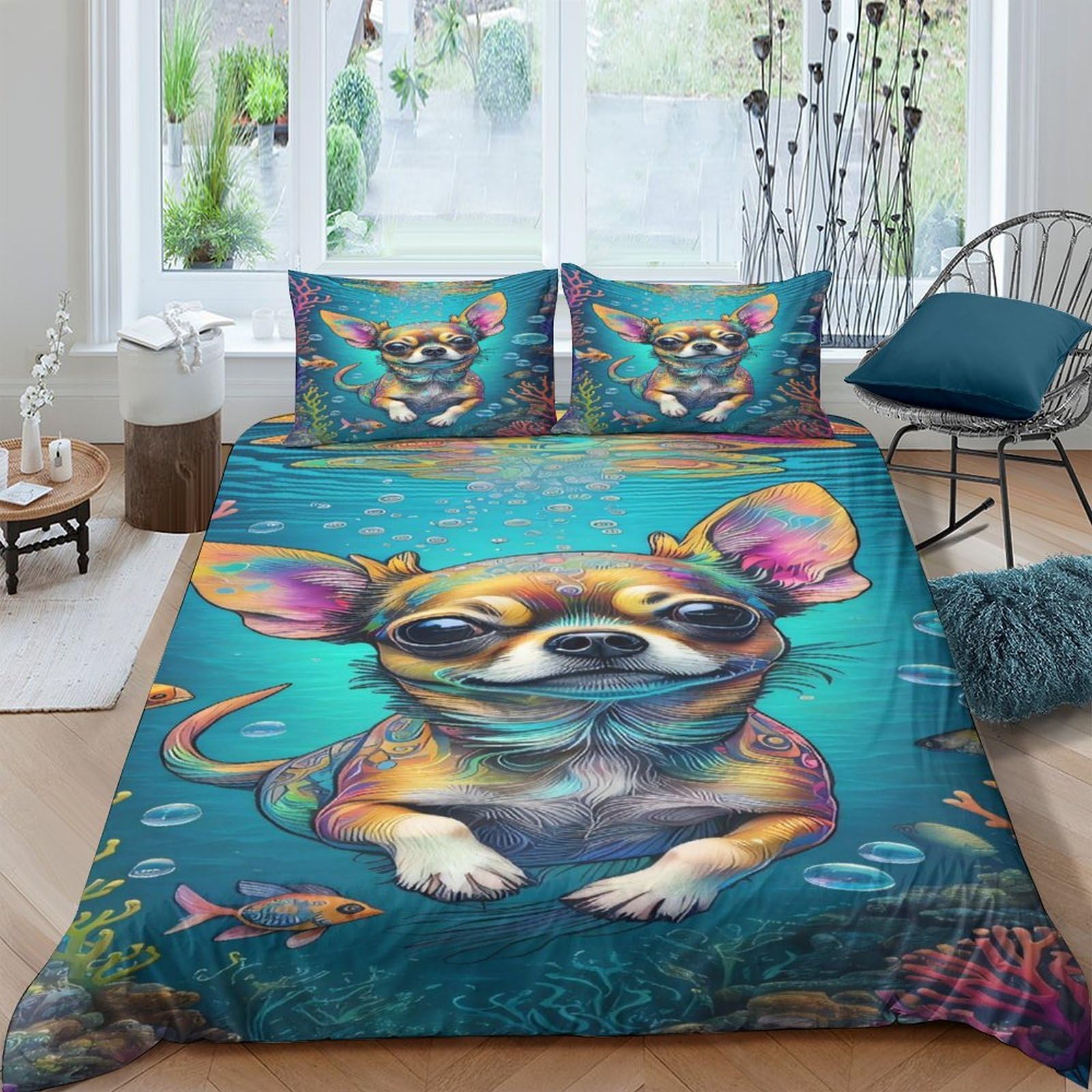P5V6M1Q9 3D Printed Colorful Chihuahua Duvet Cover Microfiber Soft Breathable Cartoon Dog Bedding Set with 2 Pillowcases for Bedroom Decor Single（135x200cm）